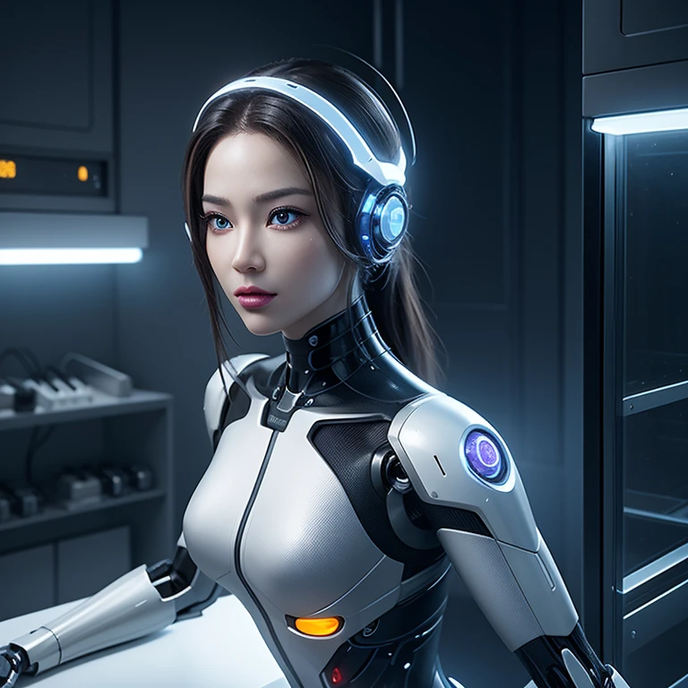 Cyborg robot (female), beautiful robot assembled in a laboratory (future), hyper-realistic digital art Hyper-realistic, amazing, surreal.