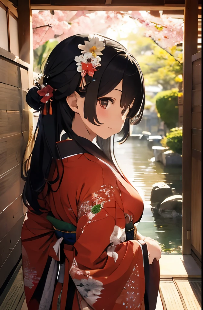 Highest image quality、(１woman、black hair、slender body shape、small breasts、thin face)、style all long hair up、現実的なwoman、kimono、Japanese clothing、red kimono、luxury、luxury kimono、Glossiness、(big long sleeves)、flower、thick belt with pattern、(Large patterned ribbon on the back)、(print 沢山のflower、全身にカラフルなflower柄)、hair accessory、White inner、socks、smile、in the morning、Lighting from behind、((full body photo))、shrine、torii