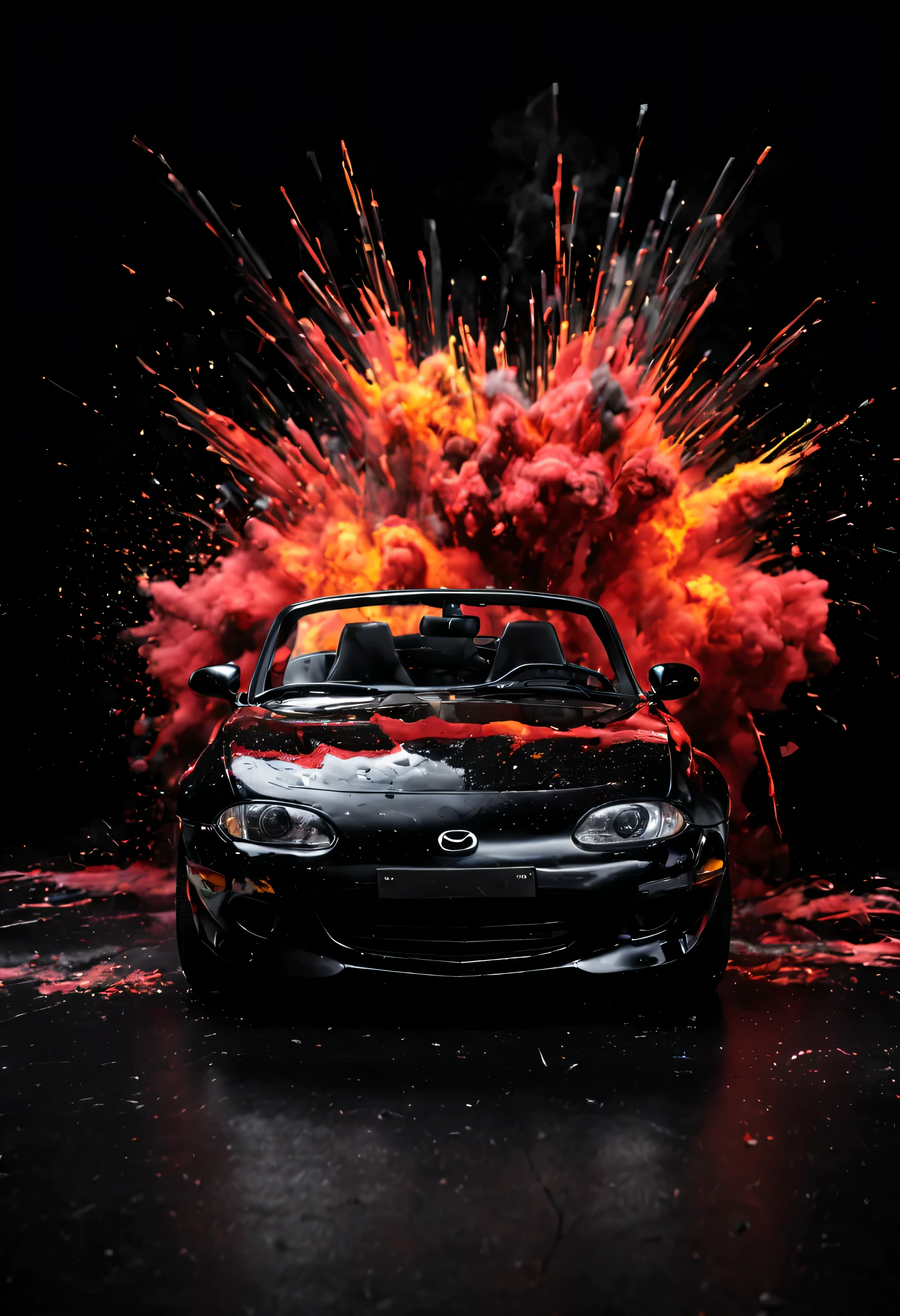 Mazda mx5 noire 1990, dans une photo de studio professionnel, fond noir, with an explosion of paint'back, 4k, high quality