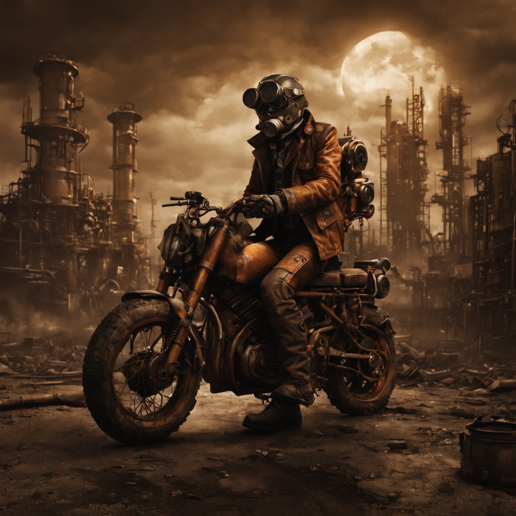 alone wolf,steampunk motocycle,post apocalyptic scene,realistic,highres,ultra-detailed,gritty,dystopian,foggy cityscape,abandoned buildings,rusty metal,smoke and ash,broken concrete,desolate streets,dim streetlights,solo male figure,heavy leather attire,dark goggles,intense expression,vintage machinery,machinery gears,copper pipes,exhaust pipes,jet propulsion,fuel canisters,mechanical augmentations,moonlit sky,ominous clouds,industrial wasteland,orange and sepia tones,dramatic lighting,futuristic city silhouette
