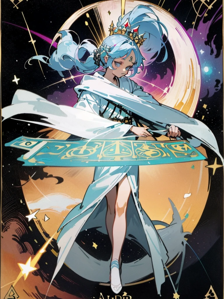 Ultra HD quality, tarot cards, princess, maiden, double ponytail, white robe, nebula wrapped
