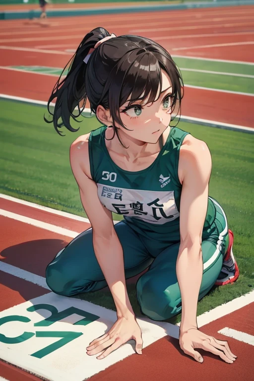 athletics stadium、track and field athlete、Crouch down、beautiful mature woman