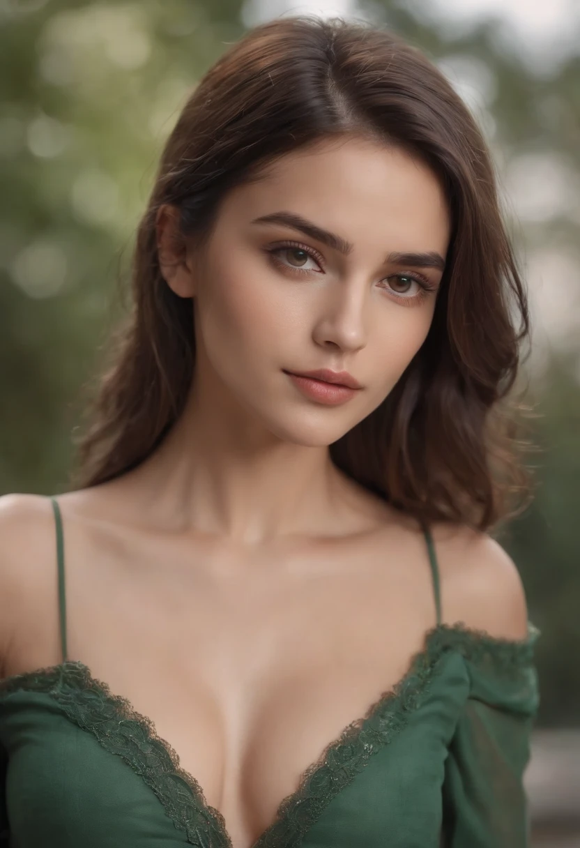 mejor calidad, realistic photography, 4k, Hermosa chica morena, NSFW, ojos verdes, Cara perfecta y hermosa, small under breast, con piel clara,: