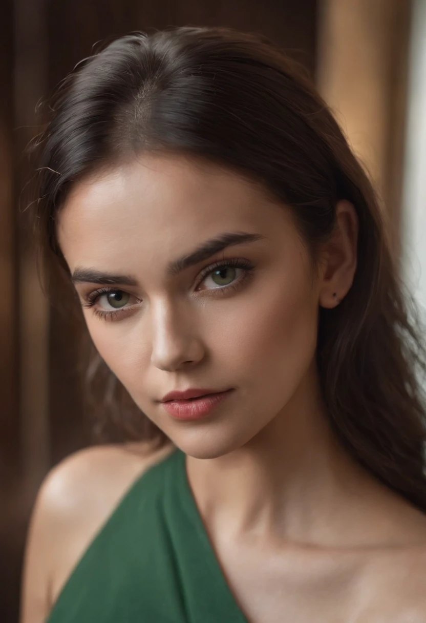 mejor calidad, realistic photography, 4k, Hermosa chica morena, NSFW, ojos verdes, Cara perfecta y hermosa, small under breast, con piel clara,: