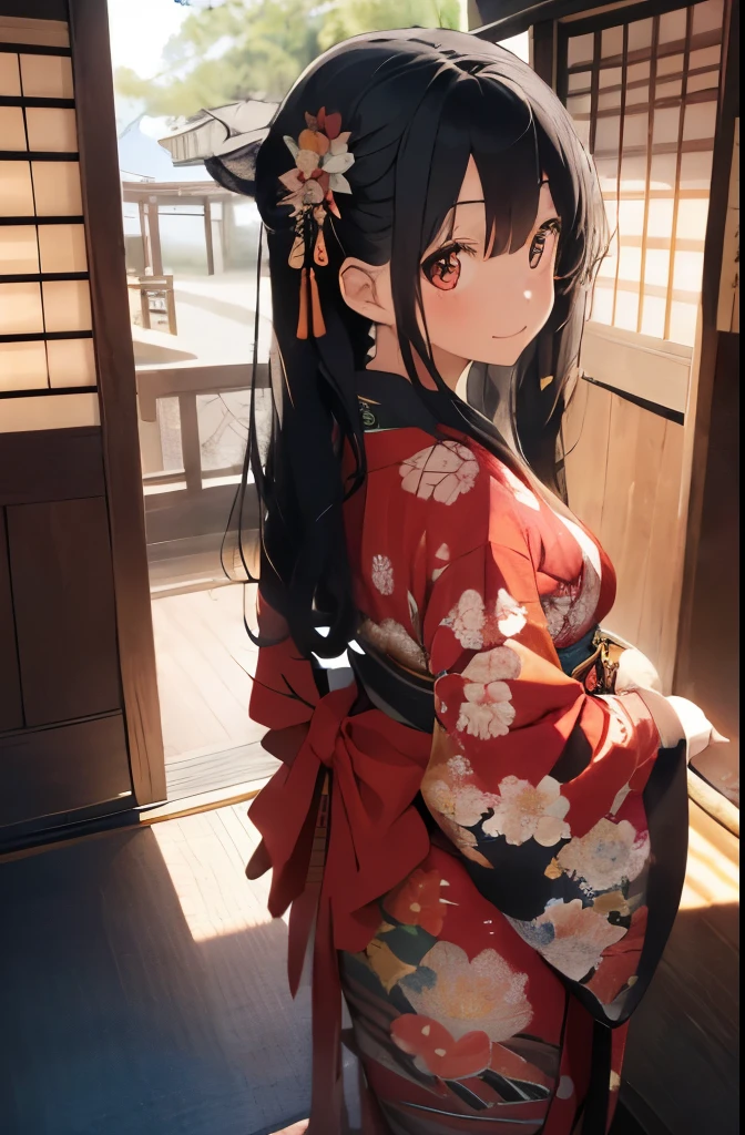 Highest image quality、(1woman、black hair、slender body shape、small breasts、thin face、long eyes)、(style all long hair up)、現実的なwoman、kimono、Japanese clothing、red kimono、luxury、luxury red kimono、Glossiness、(big long sleeves)、flower、thick belt with pattern、(big obi decoration、Extremely large ribbon on the back、patterned ribbon、thick ribbon、embroidery on ribbon)、(print 沢山のflower、全身にカラフルなflower柄)、gold embroidery、hair accessory、White inner、socks、smile、sunlight、Lighting from behind、((full body photo、zoomout))、shrine、torii