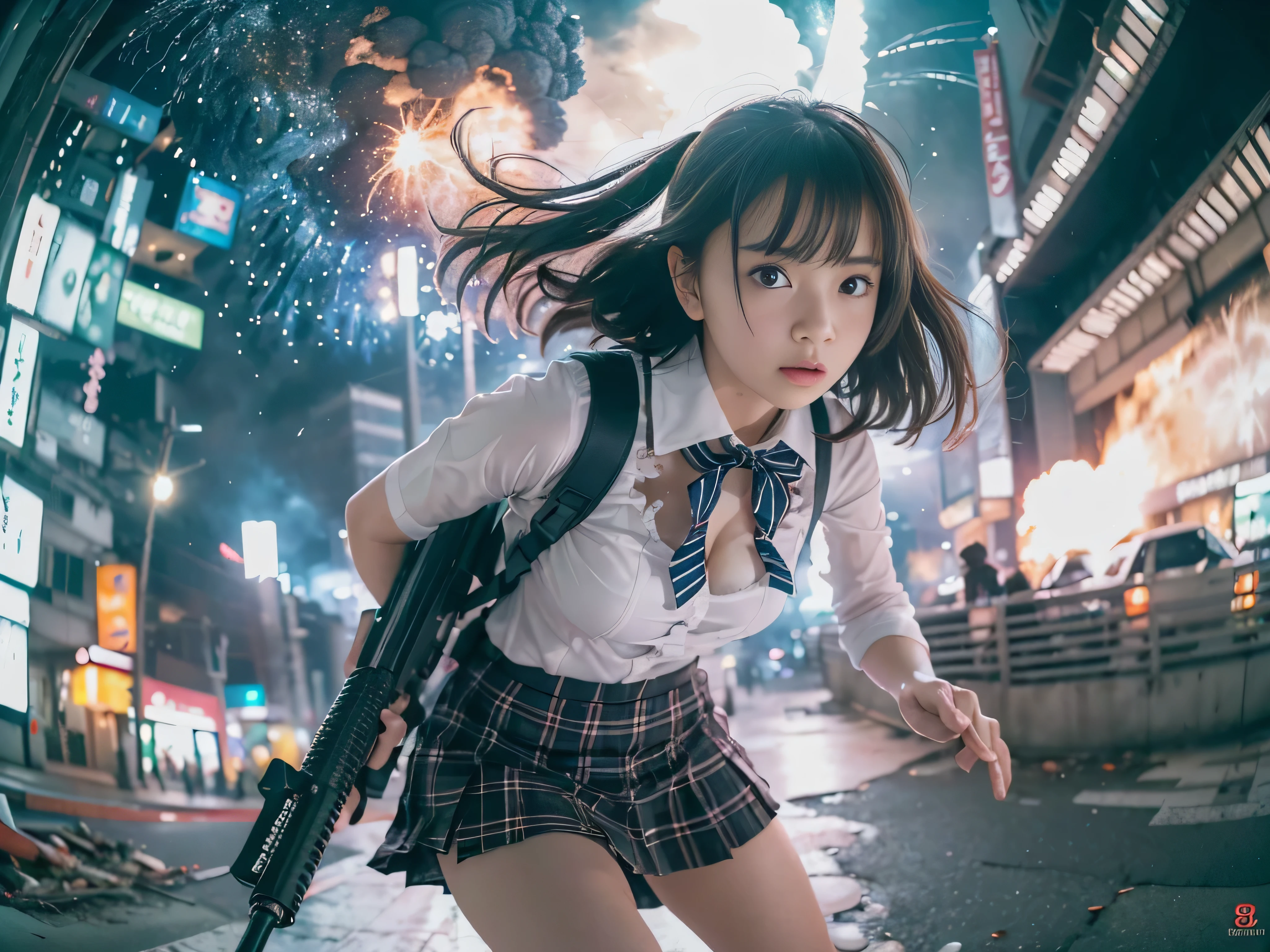 ((RAW image quality:1.4)), 8K resolution, masterpiece, high quality, unpleasant feeling, cinematic lighting, front camera angle, (Remainsの大都市:1.4), (SHIBUYA109 is attacked:1.4), 1 girl, (High school girl running on the ground with an assault rifle (M16)), beautiful girl, beautiful and fearless face, run as fast as possible, good style , short hair, cleavage, short sailor suit, tartan check miniskirt, dynamic pose, Remains, Shibuya at night, Missile attack, ((Big explosion in the background:1.4)), inflammation, fires, (Photographed with an 8mm fisheye lens:1.4), Shallow depth of writing, Photo looking up from below,