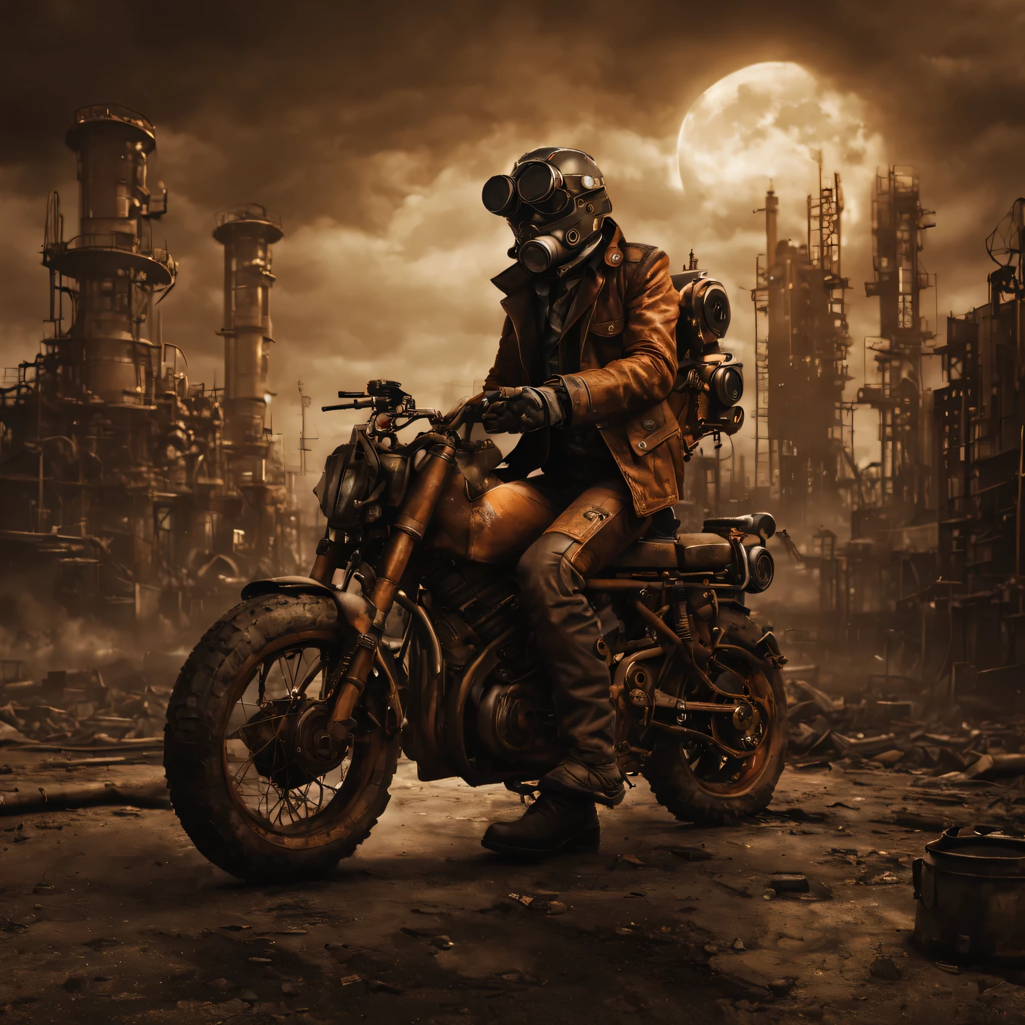 alone wolf,steampunk motocycle,post apocalyptic scene,realistic,highres,ultra-detailed,gritty,dystopian,foggy cityscape,abandoned buildings,rusty metal,smoke and ash,broken concrete,desolate streets,dim streetlights,solo male figure,heavy leather attire,dark goggles,intense expression,vintage machinery,machinery gears,copper pipes,exhaust pipes,jet propulsion,fuel canisters,mechanical augmentations,moonlit sky,ominous clouds,industrial wasteland,orange and sepia tones,dramatic lighting,futuristic city silhouette
