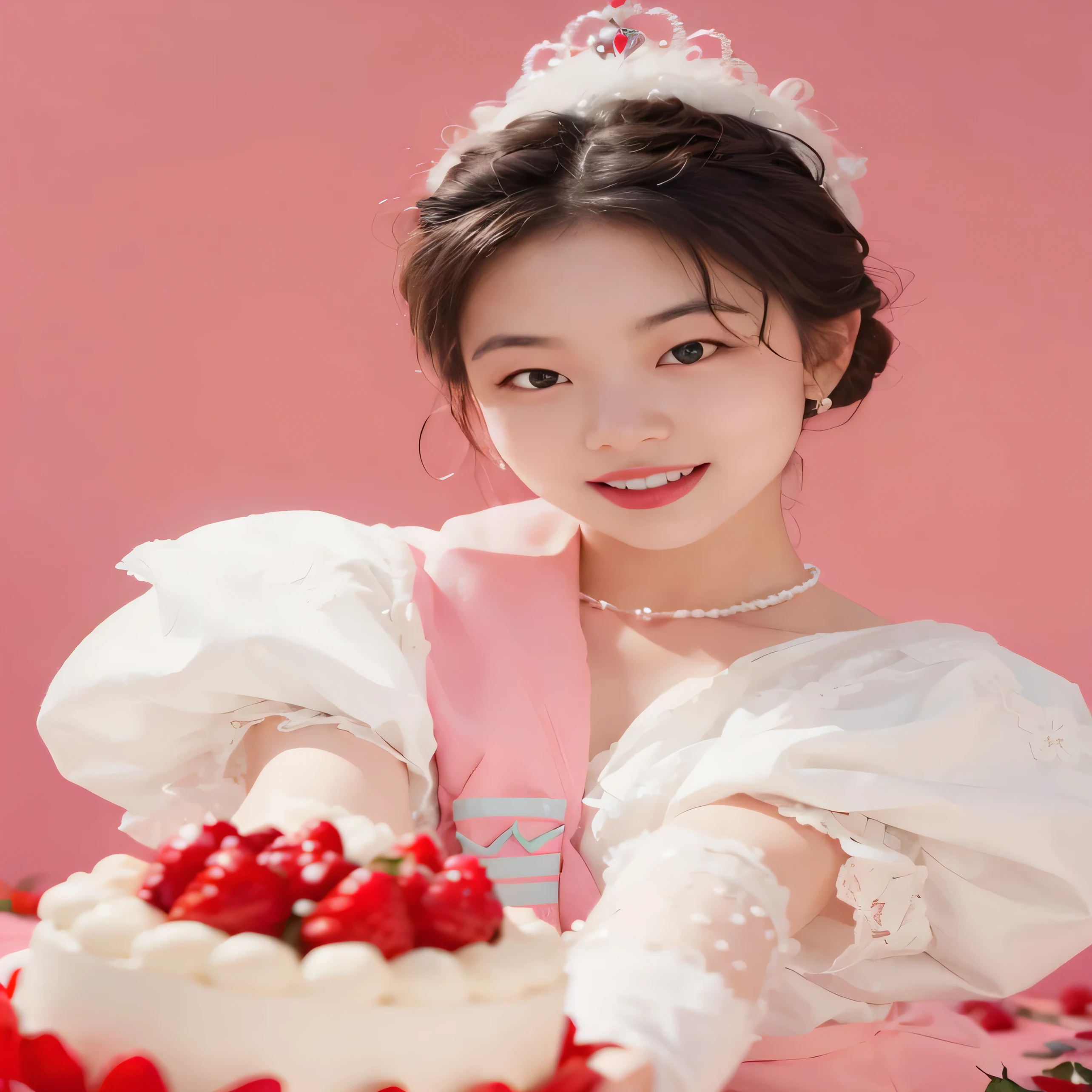 Araf woman in white dress holds a cake with strawberries on top, Kim Doyoung, sha xi, Nam Jae Hwa, Inspired by Kim Chung Hee, Cui Xianhua, jinyoung shin, Kim Tae-joon, gongbi, Li Zhien, Urzan, Li Zhien, official artwork, black pink jenny