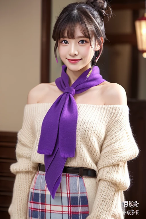 (realistic painting style:0.9), masterpiece, highest quality,  disorganized, looking at the viewer, alone, Keqing (lantern light) (genshin impact), Keqing (genshin impact), bun hair, skirt, scarf, purple sweater, white skirt, purple hair, sweater, twin tails, purple eyes, diamond shaped pupil, hair ornaments, bare shoulders, smile, chest, cone bun hair, long hair, belt, double bun, long sleeve, bangs, bow, hair flower, hair bow,ribbon, hair ribbon, Braid, Plaid scarf, Plaid, off shoulder