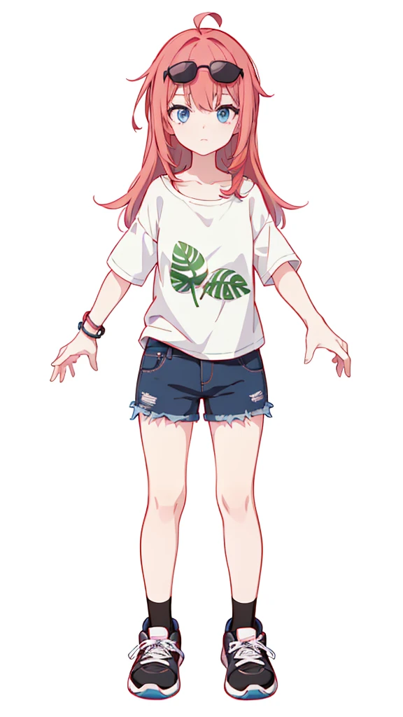 Red hair、wearing sunglasses、Cartoon girl in white shirt, anime style characters, full_Body!!, !!full Body portrait!!, female anime characters, single character full Body, anime full Body illustration, full Body portrait of a short!, full Body!!, comic character, Produced by Anime Painter Studio, anime characters