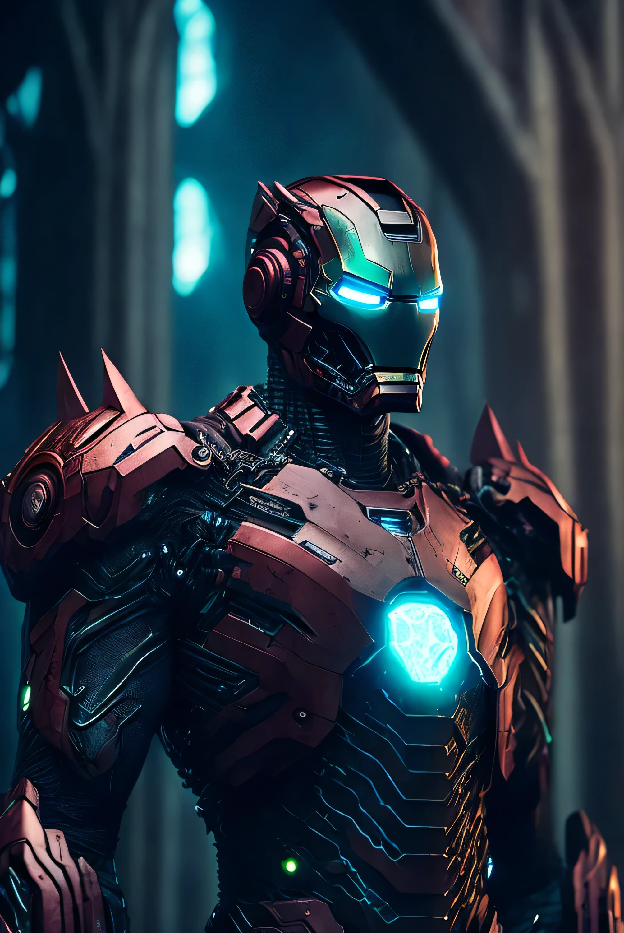 gloomy portrait of Zombie Iron Man from Marvel Comics with intricate angular cybernetic implants inside a brutalist building, gothic brutalist cathedral, cyberpunk, award-winning photo, bokeh, neon lights, cybernetic limb