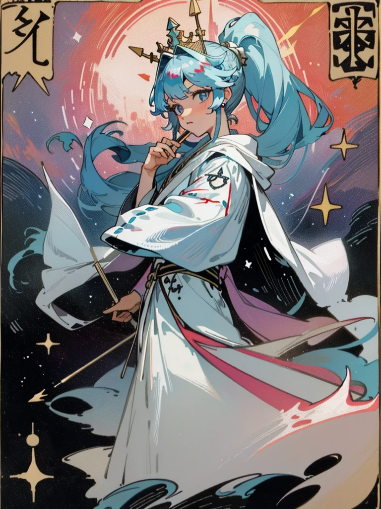 Ultra HD quality, tarot cards, princess, maiden, double ponytail, white robe, nebula wrapped