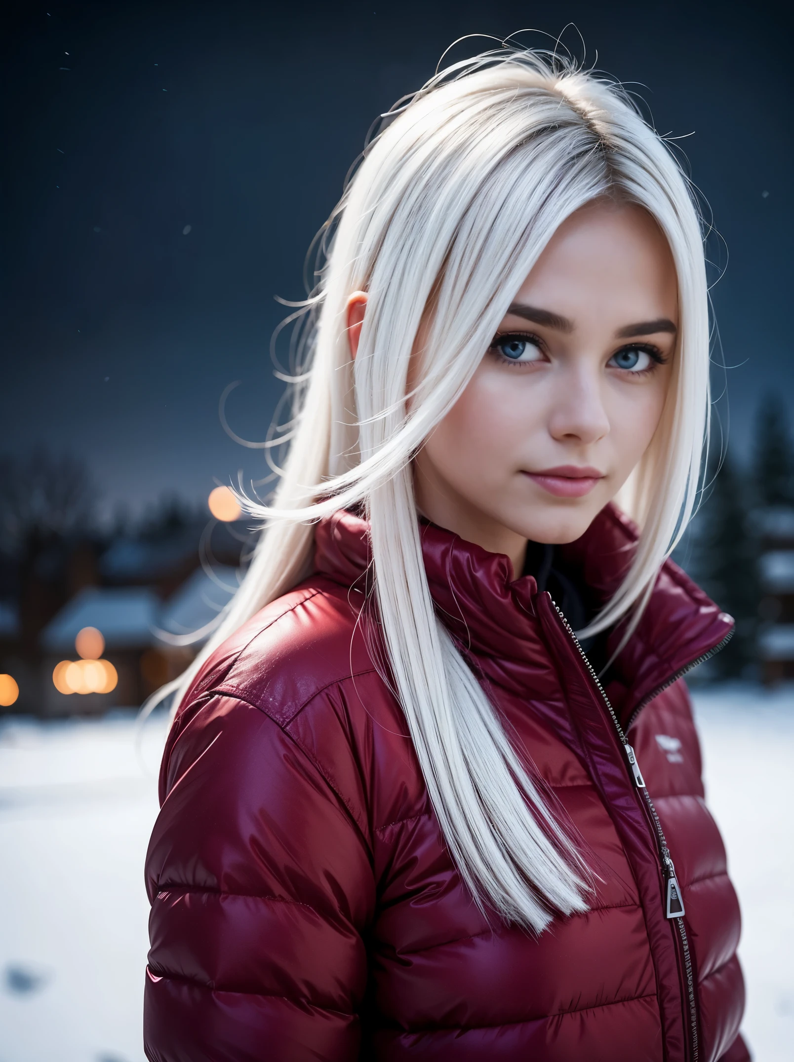 background, a snowy village, winter night, northern lights. Middle ground: an ultra hot european woman, age 23, white hair, (facing the camera). foreground: (blurry) red roses