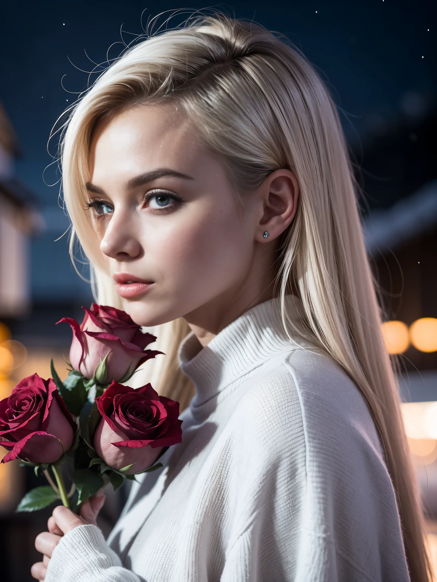 background, a snowy village, winter night, northern lights. Middle ground: an ultra hot european woman, age 23, white hair, (facing the camera). foreground: (blurry) red roses