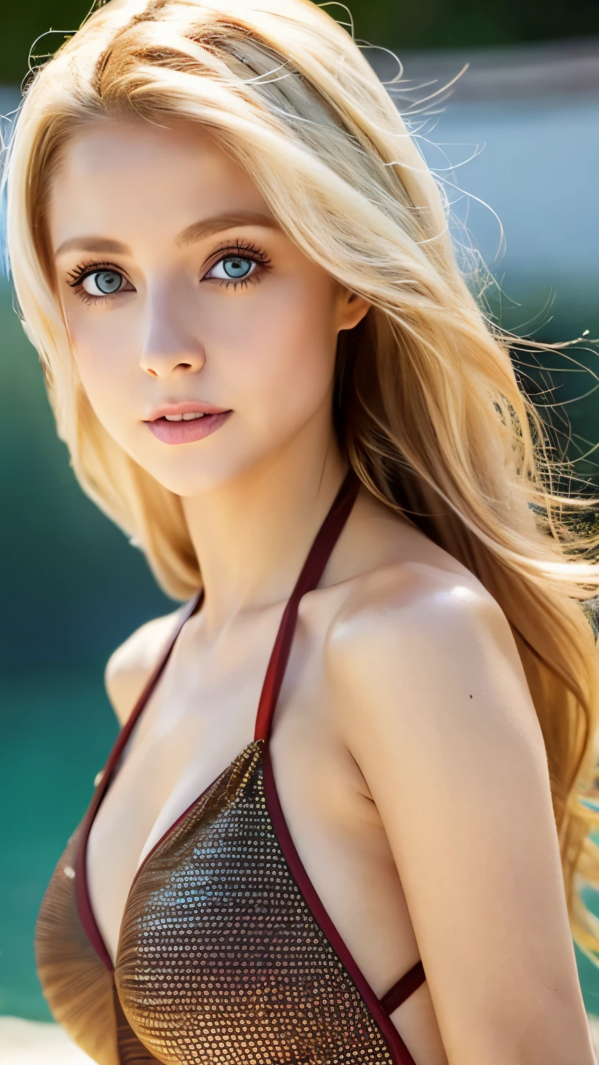 blonde、Asia、woman、big breasts、30 years old、big eyes、brown eyes、Glamour、long hair、half russian、looking at the camera、swimsuit
