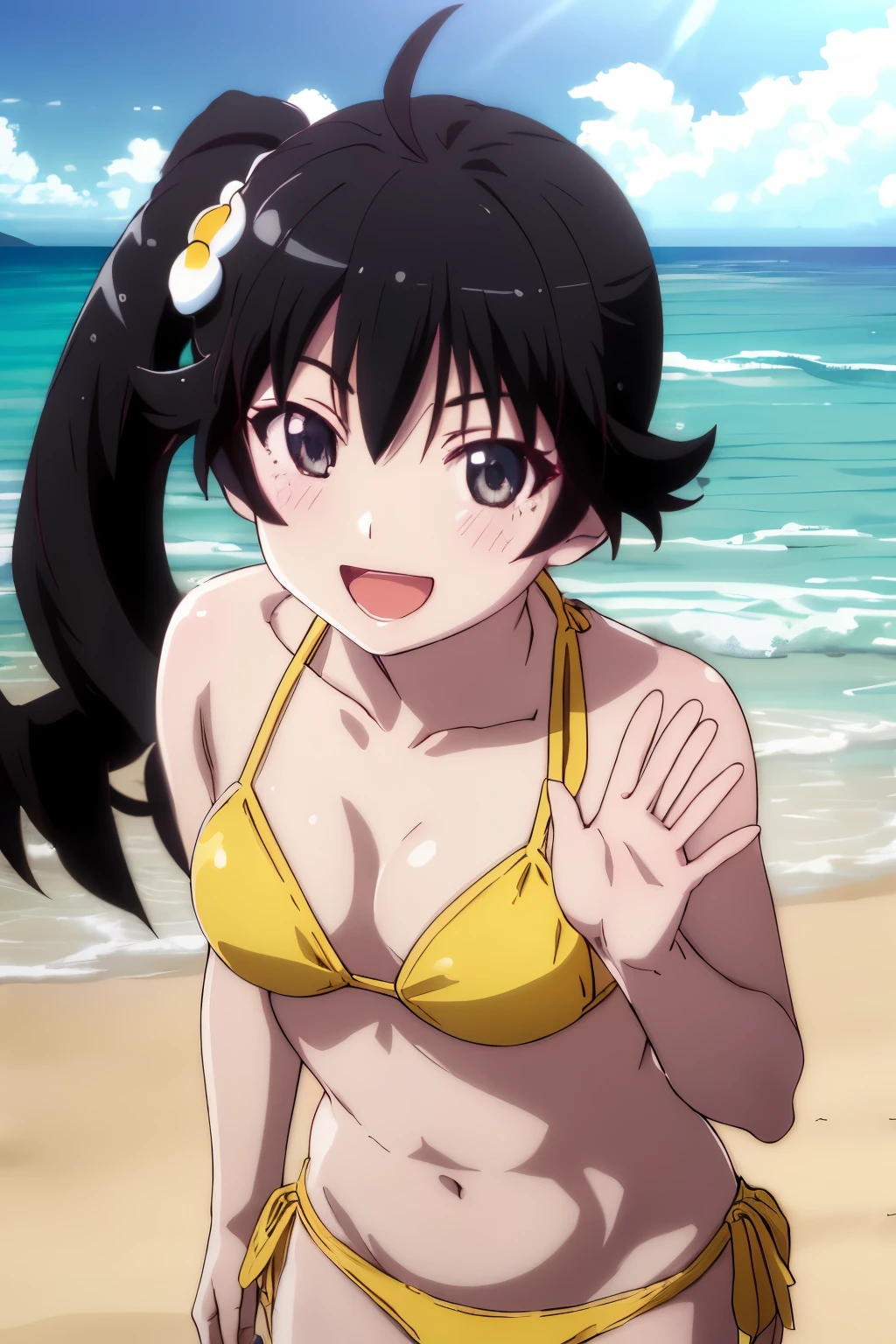 masterpiece, highest quality, ultra high resolution, highest quality, anime style, best writing, beautiful face, 1 girl, alone,  Ren Araki, long hair,  side ponytail, Ahoge, (Yellow Bikini:1.3), (beach background:1.3), (Turn the body to the right:1.3), Egg garnish, extreme close up, smile, Sunshine, (fit hands:1.), smile, open your mouth