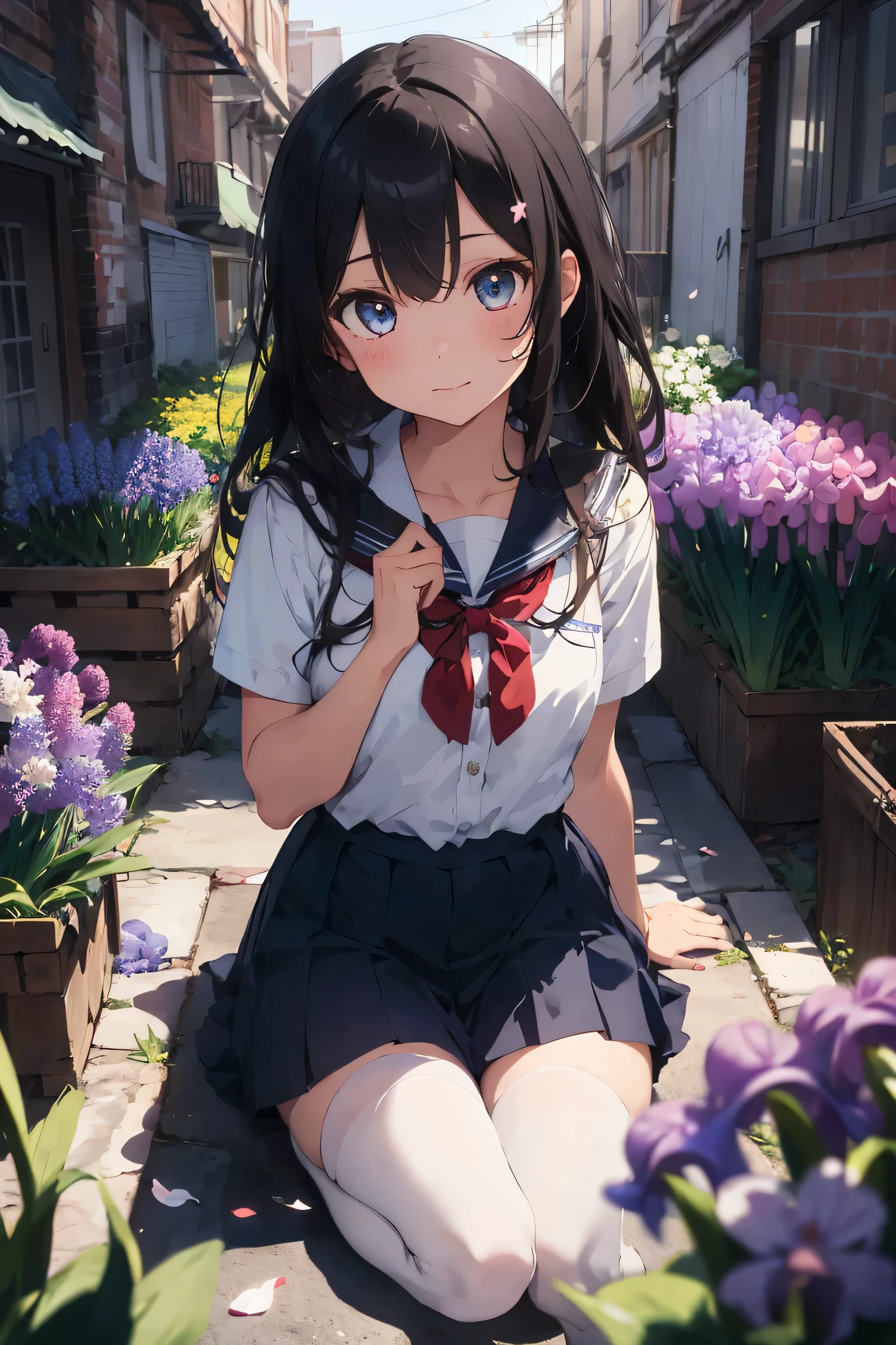 ((masterpiece, super detailed, fine detail, top quality, illustration)), blue sky, 20-year-old woman, beautiful woman, beautiful wet black hair, bob cut, beautiful red eyes, close-up, wet white shirt, tie, checked mini skirt, black socks, black shoes, a lot of hydrangea, rainbow visible, whole body, smile, looking up at the sky,