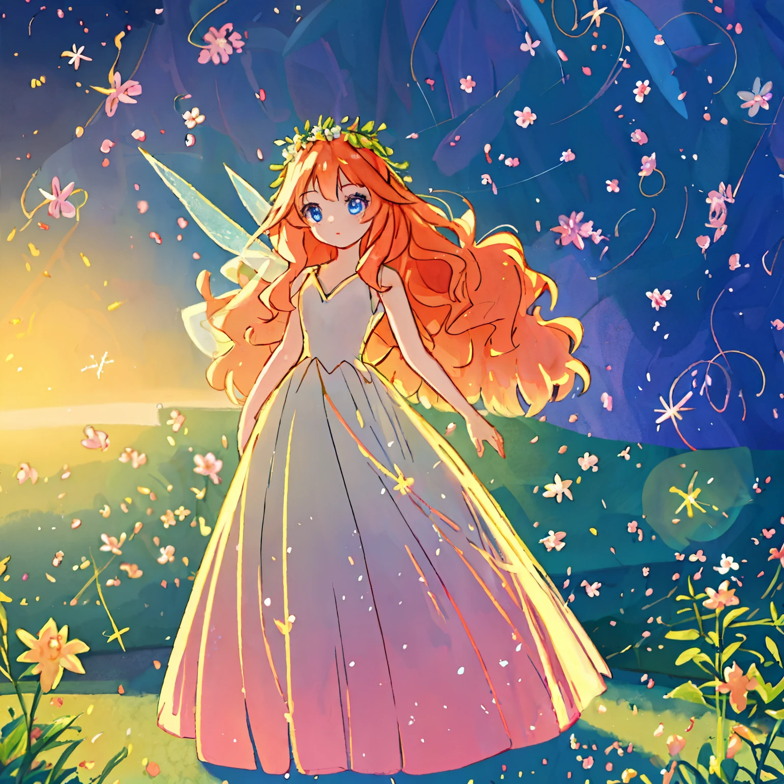 beautiful girl in flowing ballgown dress, (glowing fairy wings), glowing flowing ballgown, long wavy hair, sparkling fairy wings, watercolor illustration, flowers and colorful plants, inspired by Glen Keane, inspired by Lois van Baarle, disney art style, by Lois van Baarle, glowing aura around her, by Glen Keane, Itsuki Nakano, long fluffy red hair, blue eyes, nakano_itsuki,  jen bartel, glowing lights! digital painting, flowing glowing hair, glowing flowing hair, beautiful digital illustration, fantasia otherworldly landscape plants flowers, beautiful, masterpiece, best quality, anime disney style