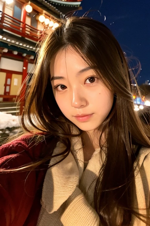 Japanese, woman, shrine, winter, 23 years old, medium long hair, Chestnut color, No makeup, Selfie style, double eyelid, D cup, bust up photo, night, first visit of the year to a shrine