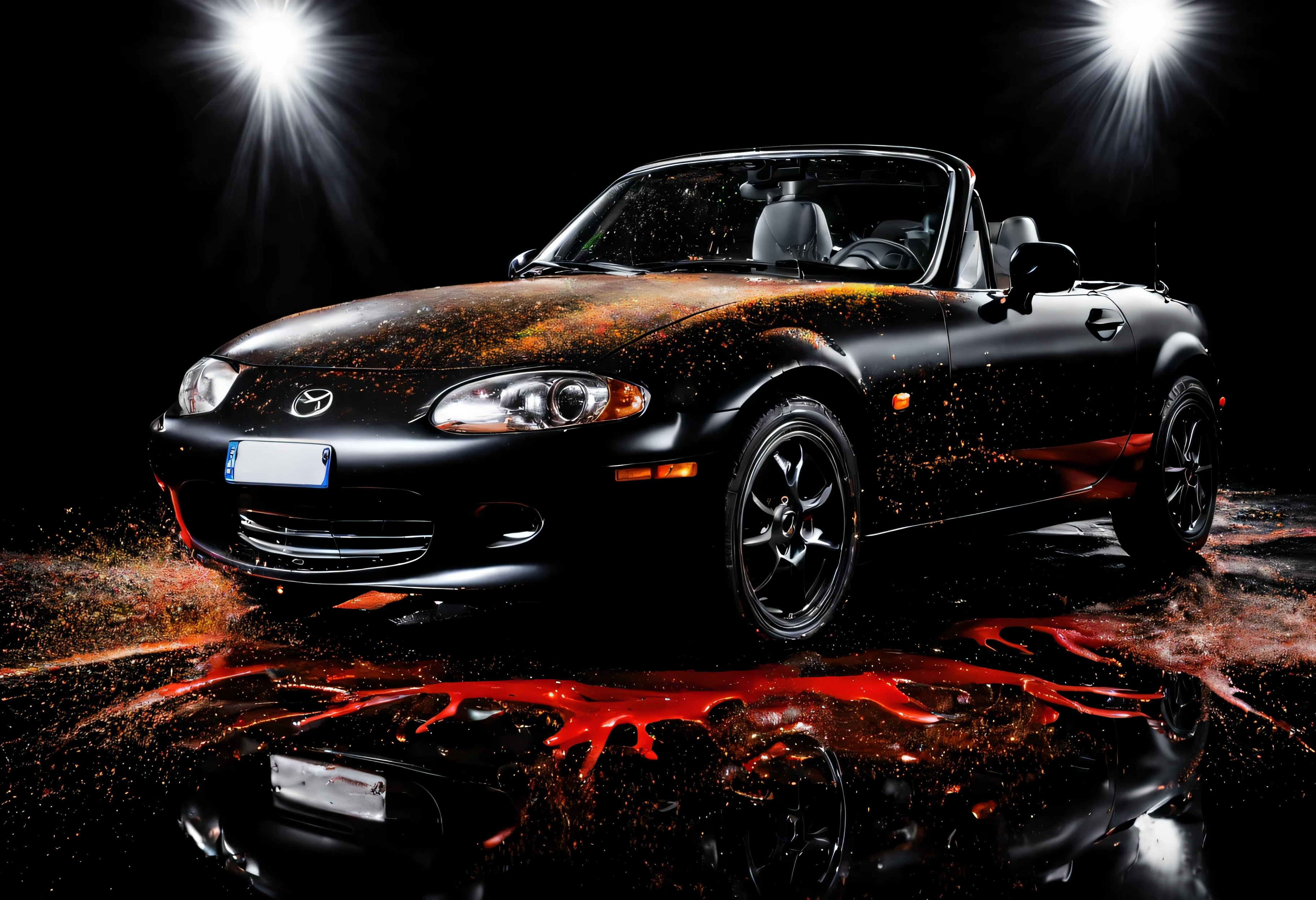 Mazda mx5 noire 1990, dans une photo de studio professionnel, fond noir, with a paint explosion behind the car, 4k, high quality