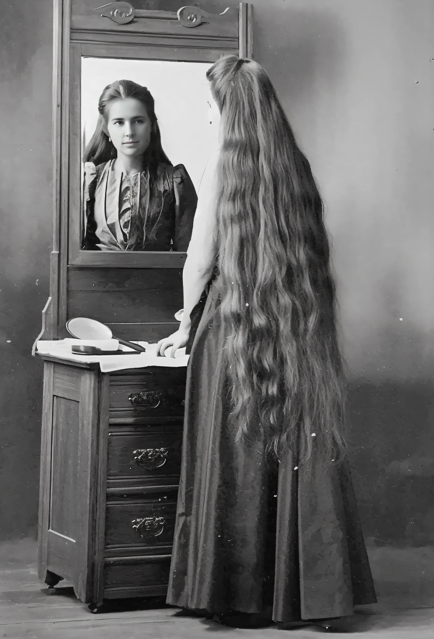 Mujer anciana con el pelo largo de pie frente a un espejo, seventy year old woman with super long hair, Cabello muy largo y descuidado, Pelo largo centrado, cabello largo y suelto, pelo extremadamente largo, con un espejo, cabello muy largo y suelto, 1 8 9 0 s Photograph, cabello muy largo, Peinado largo elaborado, pelo extra largo, cabello lleno