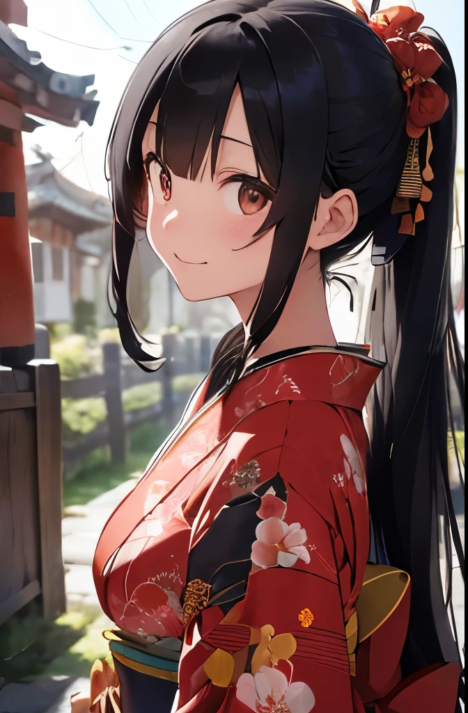 Highest image quality、(１woman、black hair、slender body shape、small breasts、thin face、long eyes)、(style all long hair up)、現実的なwoman、kimono、Japanese clothing、red kimono、luxury、Luxurious bright red kimono、Glossiness、(big long sleeves)、flower、thick belt with pattern、(big obi decoration、Extremely large ribbon on the back、patterned ribbon、thick ribbon、embroidery on ribbon)、(print 沢山のflower、全身にカラフルなflower柄)、gold embroidery、hair accessory、White inner、socks、smile、sunlight、Lighting from behind、((full body photo、zoomout))、shrine、torii