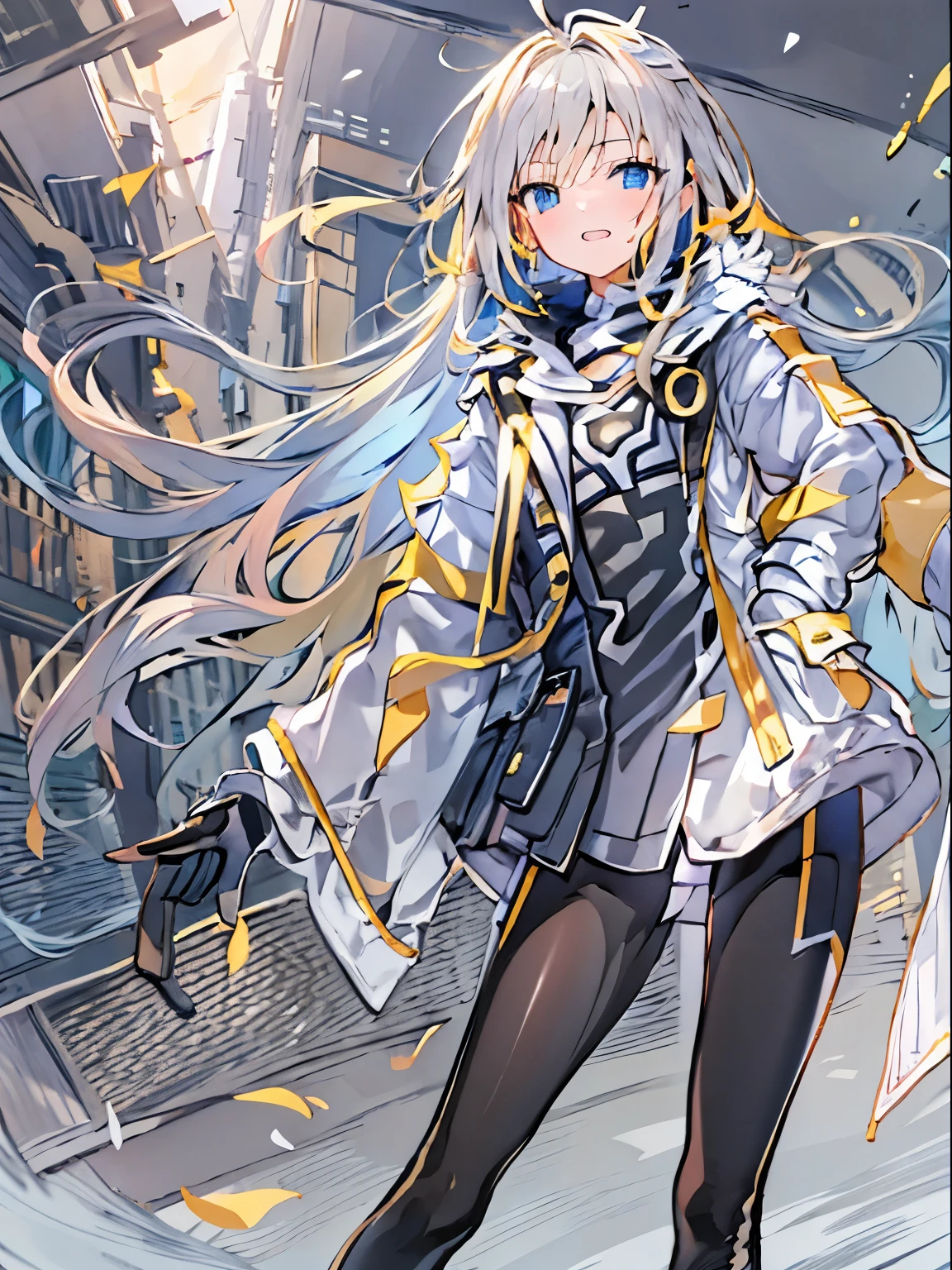1girl, {alone}, Upper body ,{{ {looking for at viewer}}},{{{Golden pupil}}}, arm at side, concept art, white returnground, simple returnground, gray hair, Silver Gradient Hair , Goldeye,complex cloth, Asymmetrical clothing, Virtual YouTuber, highest quality, masterpiece, dynamic angle, disgaea style, disgaea style, disgaea style, From above, leaning forward, high ponytail, cowboy_shot, looking for_return, grab, girl,woman,woman, young,20-year-old, very long hair, flipped hair, silver hair, flowing hair, Ahoge, grin, beautiful and delicate golden eyes, teeth, Moderate_chest, blond eyes, grey Clothes, gray coat, white shirt, black pants, open jacket, black clothes,transparent_returnground, returnlighting, disorganized, High resolution, Super detailed,