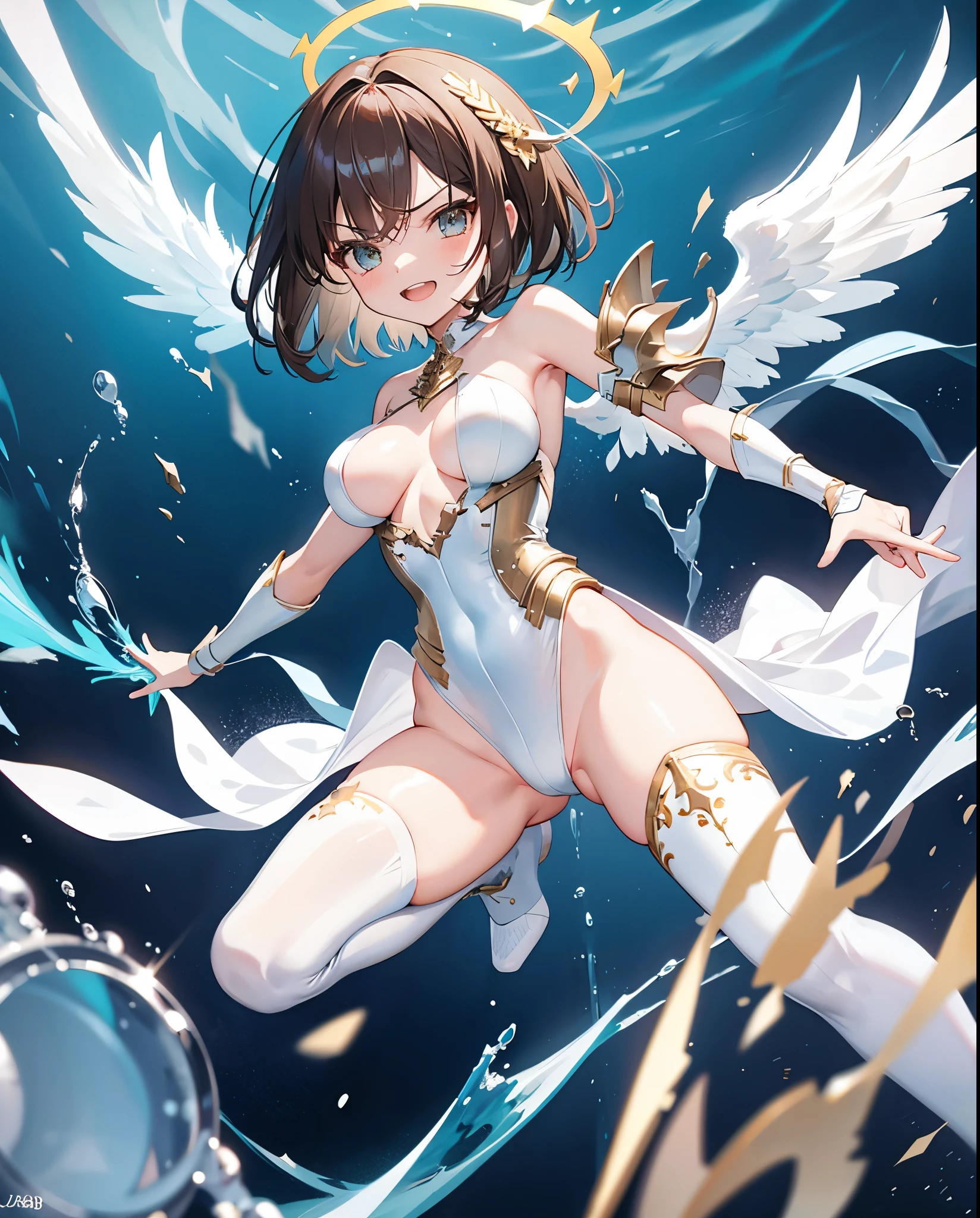 fantasy, 1angel_girl, loli,bwn_hair, medium_bob_hair, long_bangs, halo,bare_shoulder,thighhighs,silver_armor, waist_armor, large_breasts,angry,grinning,open_mouth_teeth, 1pair_wings, dynamic_pose_fighting,floating, bare_crotch, headgear,gauntlet, greaves,ocean_sky_background,slightly_spread_legs, solo, groin_naked,