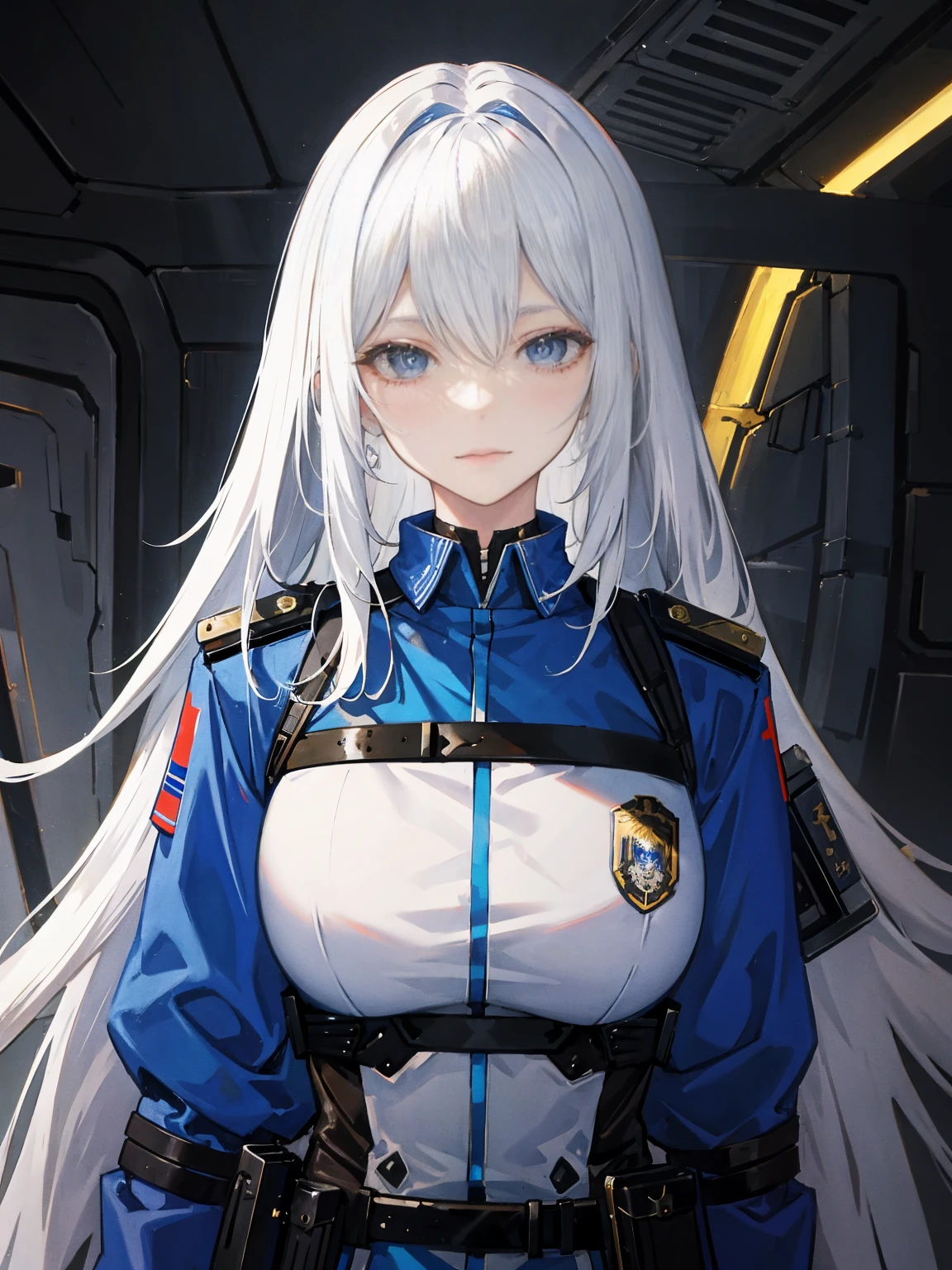 (masterpiece, best quality), white hair, long hair, looking at viewer, blue eyes, Sci-fi imagery, subtle steampunk, military uniforms, police-like organization uniforms, combat-friendly attire, partially armored, futuristic, functional, simple design, (1woman), 20 years old, upper body,