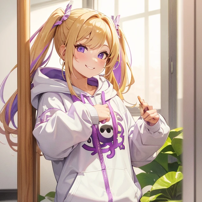 (master piece) (8k resolution) (ultra detailed) (best quality) 1girl, blonde hair, pigtails but still left over hair, purple shining eyes, wide happy smile, winked her eyes, wear a hoodie, hold a stik game