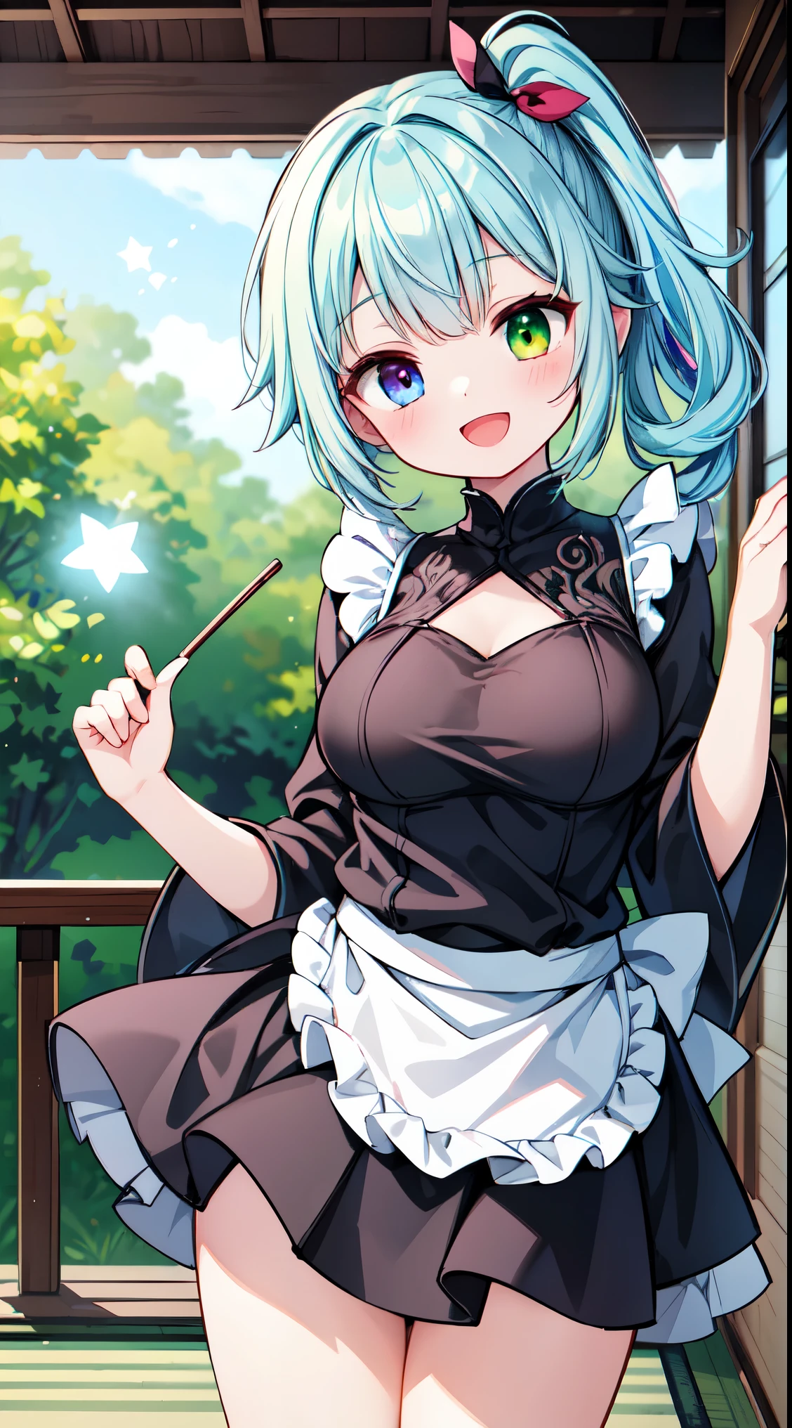 nsfw,Cowgirl,Hand down,((Having sex)),vaginal penis,intercourse with a man, girl,Colossal tits,Smile with open mouth,short green hair,magical girl costume,hair adornments,Heterochromia,Blue and green eyes,Top image quality,Best Quality