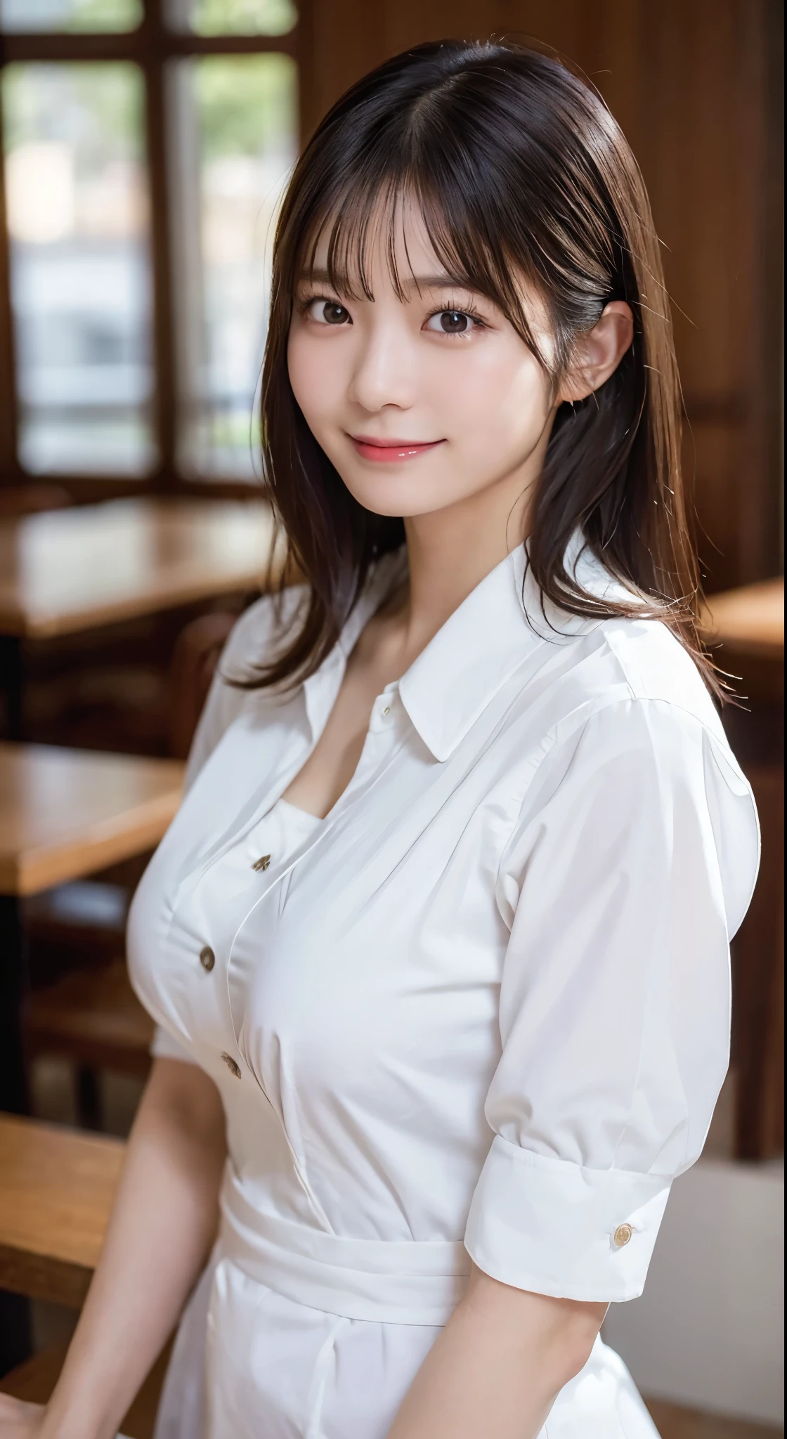 (highest quality,masterpiece:1.3,Super high resolution,),(super detailed,caustics),(Photoreal:1.4,RAW shooting,)ultra-realistic capture,very detailed,High resolution 16K human skin close-up。 Natural skin texture、,The pores are、、Must be detailed enough to be easily identified。 Skin should look even-toned and healthy。 Use natural light and color,restaurant,Waitress Uniform,1 girl,Japanese,18-year-old,cute,black haired,middle hair,(big breasts:1.2),smile,turn the body forward,(Front view:1.2),look at the camera,bust up shot:1.1,breast focus:1.1,close up of chest:1.1
