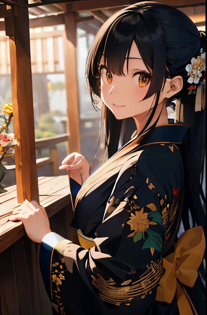 Highest image quality、(1woman、black hair、slender body shape、small breasts、thin face、long eyes)、(style all long hair up)、現実的なwoman、kimono、Japanese clothing、dark blue-green kimono、luxury、高級なdark blue-green kimono、Glossiness、(big long sleeves)、flower、thick belt with pattern、(big white obi ornament、Extremely large ribbon on the back、white ribbon with pattern、thick ribbon、embroidery on ribbon)、((print 沢山のflower、全身にカラフルなflower柄、lots of gold embroidery))、hair accessory、White inner、shoes下、shoes、smile、sunlight、Lighting from behind、shrine、torii