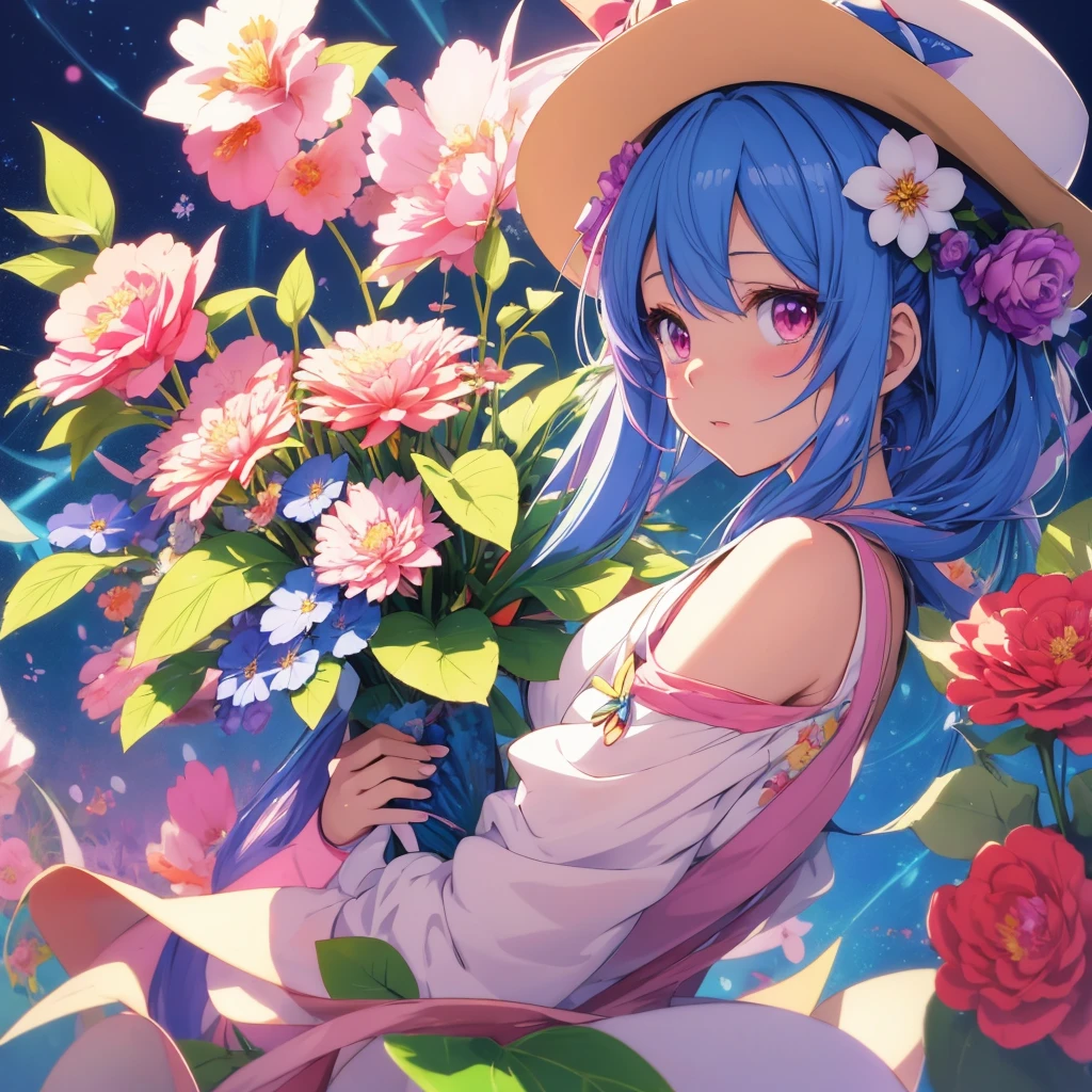 anime girl with a hat and flowers in her hair, beautiful anime artwork, anime art wallpaper 4k, anime art wallpaper 4 k, anime art wallpaper 8 k, beautiful anime art, anime style 4 k, anime abstract art, a beautiful artwork illustration, profile of anime girl, dreamy psychedelic anime, anime graphic illustration, digital art on pixiv, digital anime art