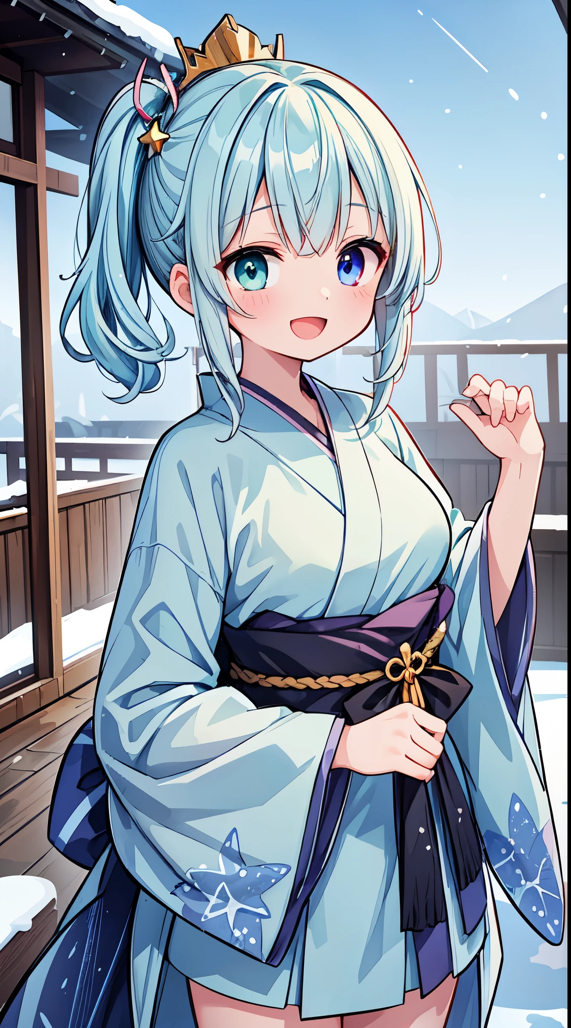 (masterpiece, top quality, best quality, official art, beautiful and aesthetic:1.2),ultra-detailed,intricate details,amazing illustration,award-winning art,atmospheric, 
BREAK,  1 beautiful girl, (17 years old girl),Solo,(Cute:1.5),(Chibi:0.6),(kawaii:1.5),(Lori:0.5),BREAK,(17 years old girl), 1 beautiful girl,Very detailed,colourfull,highest details,Clear skin,Beautiful skin,Shy,Very detailed,colourfull,highest details,BREAK,Clear skin,Beautiful skin,Shy skin,BREAK,(Heterochromia,blue eyes,Green eyes, Eye Highlights,The first hyperfine stars:1.45),star eye silhouette ,BREAK,(pale blue hair, Medium length:1.4),(side ponytail,A little curly hair,Princess Cut, crossed bangs:1.3),(large breasts,Beautiful breasts(best quality face),(Top quality glowing eyes),(The best smile,:D:1.45),   BREAK,

kimono, 
BREAK japanese clothes, kimono, flower printed kimono, long skirt
BREAK cold weather, snow, white rabbit, snowy sky, beautiful, spectacular view, winter sky, close-up on a girl, smile, blush, 
 BREAK,wakame,wakame,wakame,(Cowboy Shot:1.4),

BREAK,(Blurry background:1.3),(absurderes, hight resolution, Super Detail Art),cel shading,Clear Color, Lonely optical effect, Beautiful pictures, Bright glow, mystic atmosphere,(Close-up of girl:1.1), Mystical light particle effect,manga influence, clean line drawings,