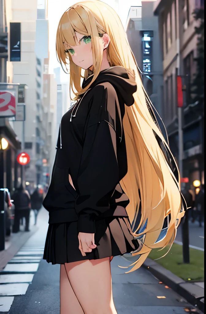 Anime girl with long blonde hair and green eyes standing on a city ...