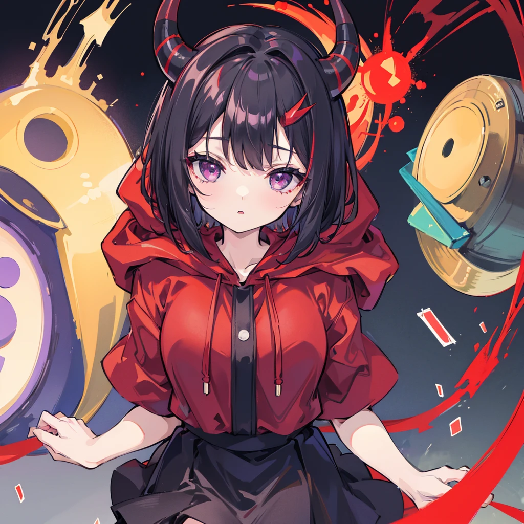 flat color, ((black skirt, black short hair)) BREAK ((red cloth and hood:1.4)), ((, delicate face, round eyes, black wing, purple eyes, large horns :o, sleepy))
