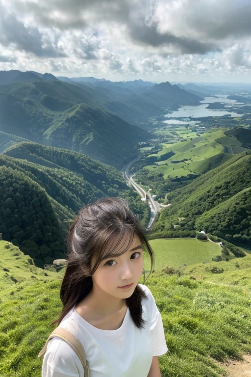 ((highest quality)), ((masterpiece)), (be familiar with), perfect face woman、Japanese、21 years old、Person small、Landscape view、I'm depressed、((size16:9))