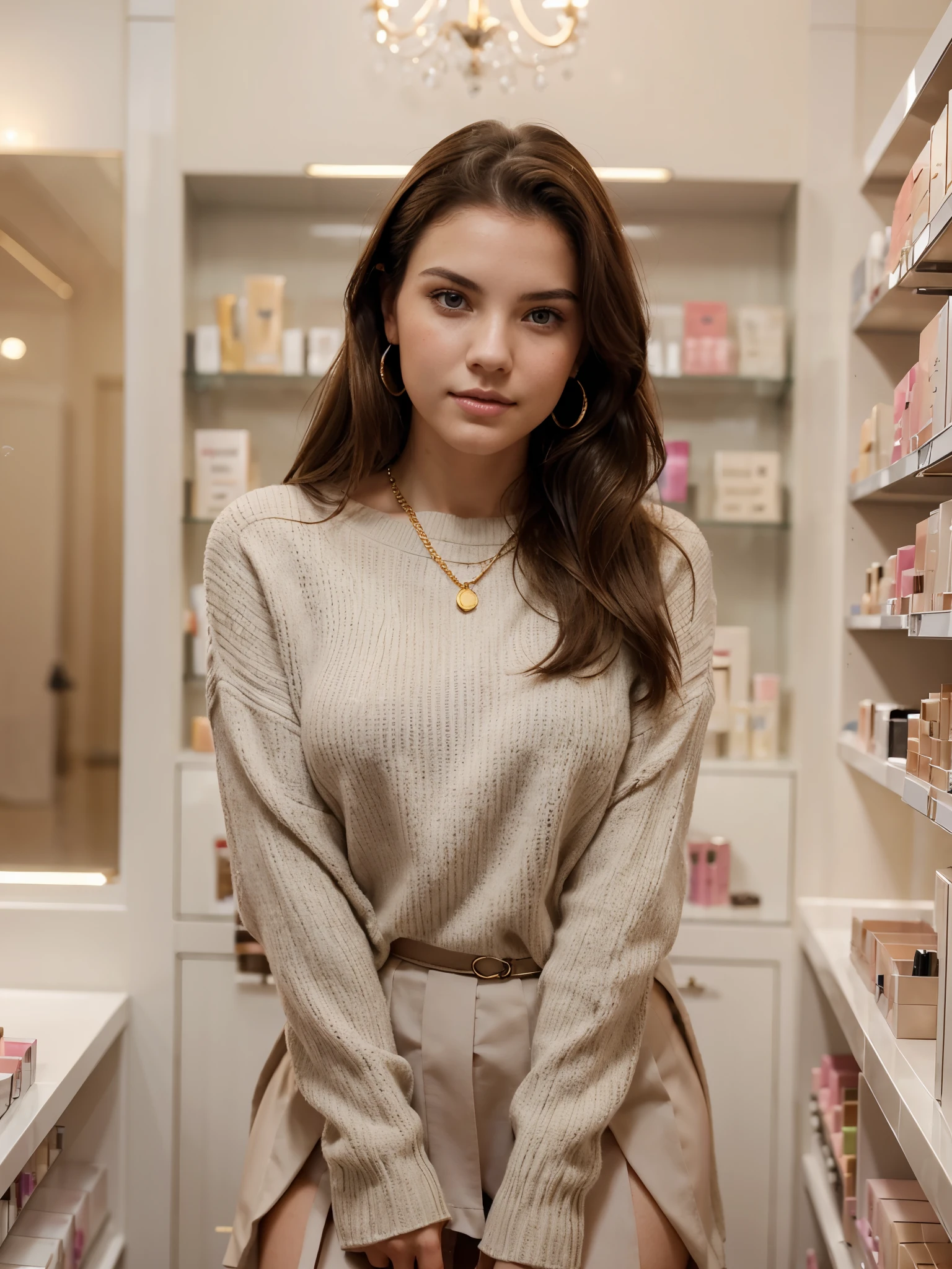there is a woman Isabella Duvall (((in a cosmetics store))) waist up with a fashionable sweater and a skirt, with a very pretty face posing for a picture, beautiful face and flawless skin, woman with porcelain skin, young woman's face, young beautiful face, youthful face, prominent cheekbones, beautiful face woman, beautiful delicate face, smooth facial features, beautiful young face, young female face, smooth porcelain skin, beautiful fine face features, young beautiful woman, brown hair, grey eyes, overbite, french girl, small gold chain, earrings, busty, smile, feminine curves