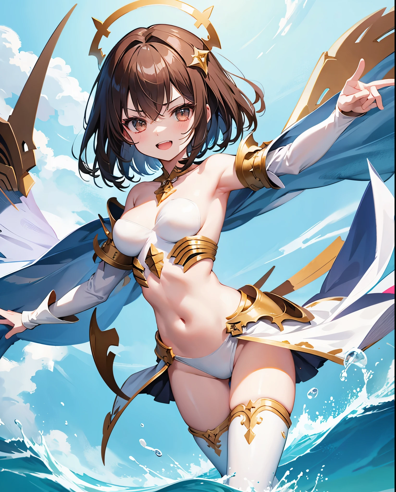 fantasy, 1angel_girl,child, loli,brown_hair, medium_bob_hair, long_bangs, halo,bare_shoulder,thighhighs,silver_armor, waist_armor, large_breasts,angry,grinning,open_mouth_teeth, 1pair_wings, dynamic_pose_fighting,floating, bare_crotch, headgear,gauntlet, greaves,ocean_sky_background,slightly_spread_legs, solo, groin_naked,