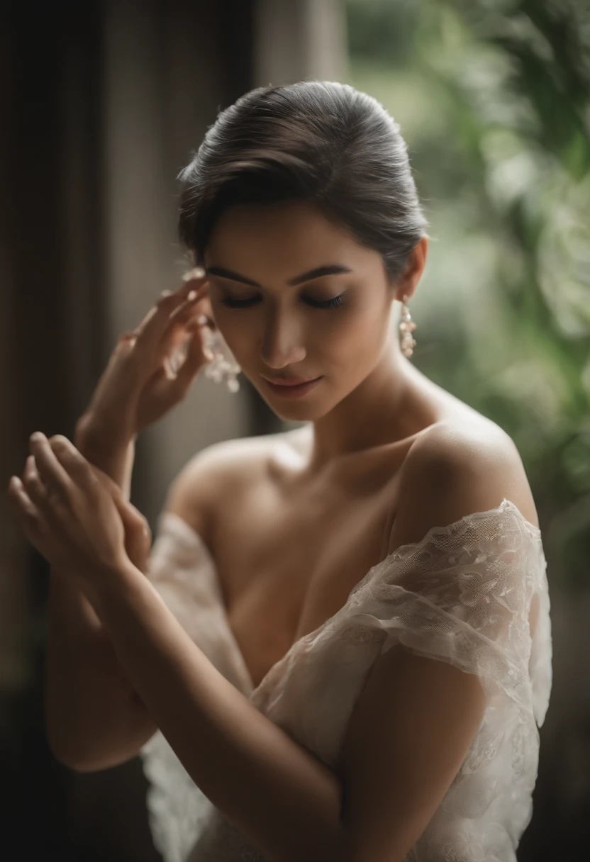 beautiful woman from Indonesia, white skin, naked, right hand holding her vagina, biting the fingers of her left hand, legs wide open, breasts and vagina clearly visible, expression sighing, there is a flower tucked in her ear. Masturbation, perfectly proportional body.