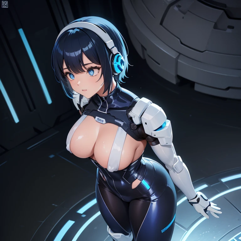 masterpiece, highest quality, highest resolution, clear_image, Detailed details): (alone, lonely girl, Japanese face, Blue-haired girl, short hair, full body figure, large size of breasts, Glowing blue colored eyes, White and blue pilot suit in metallic tones, black color, tight fitting clothes, clothes that cover the whole body, beauty, A body of about 70 kg, exoskeleton, knee boots, heroine, On your back, Back Position, Arm-length gloves, headset)