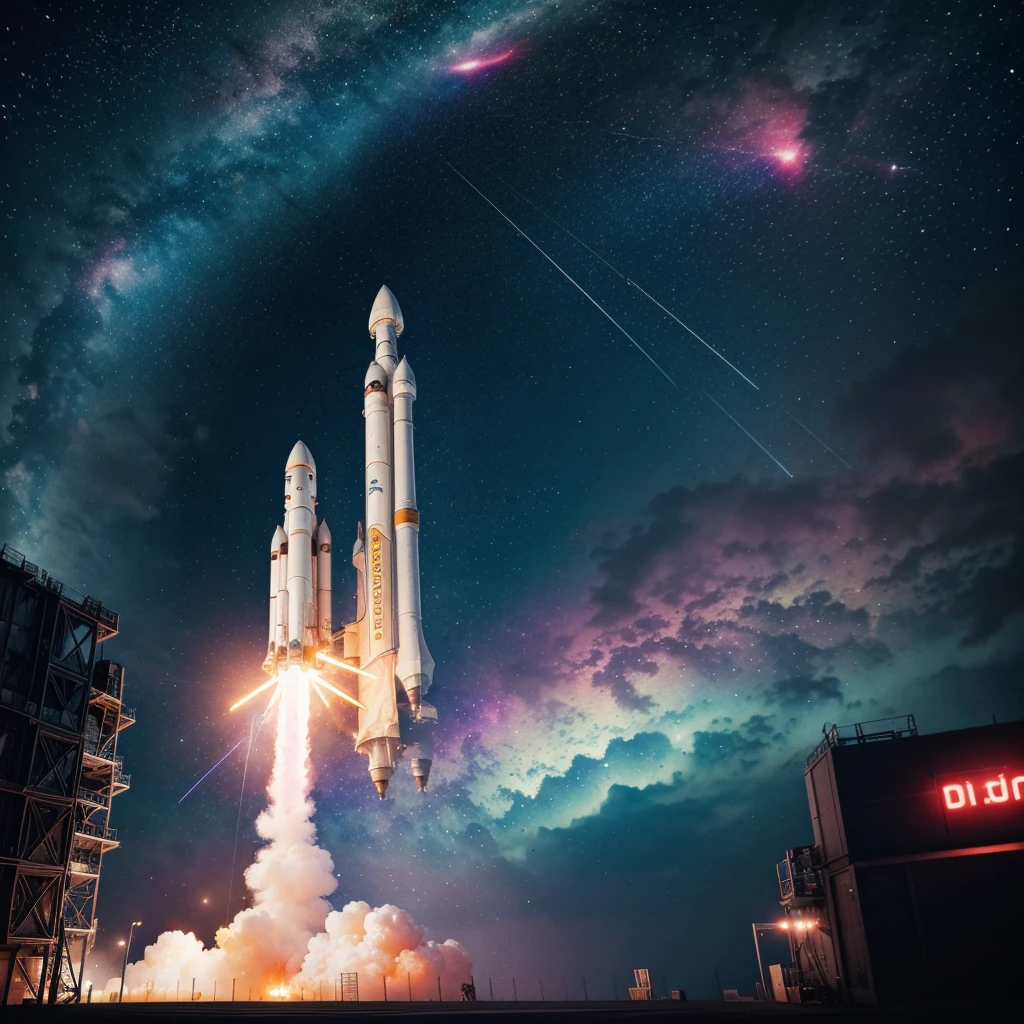 abstract watercolor space rocket taking off, colorfull, neon lights, best quality, dynamic perspective, hype feeling