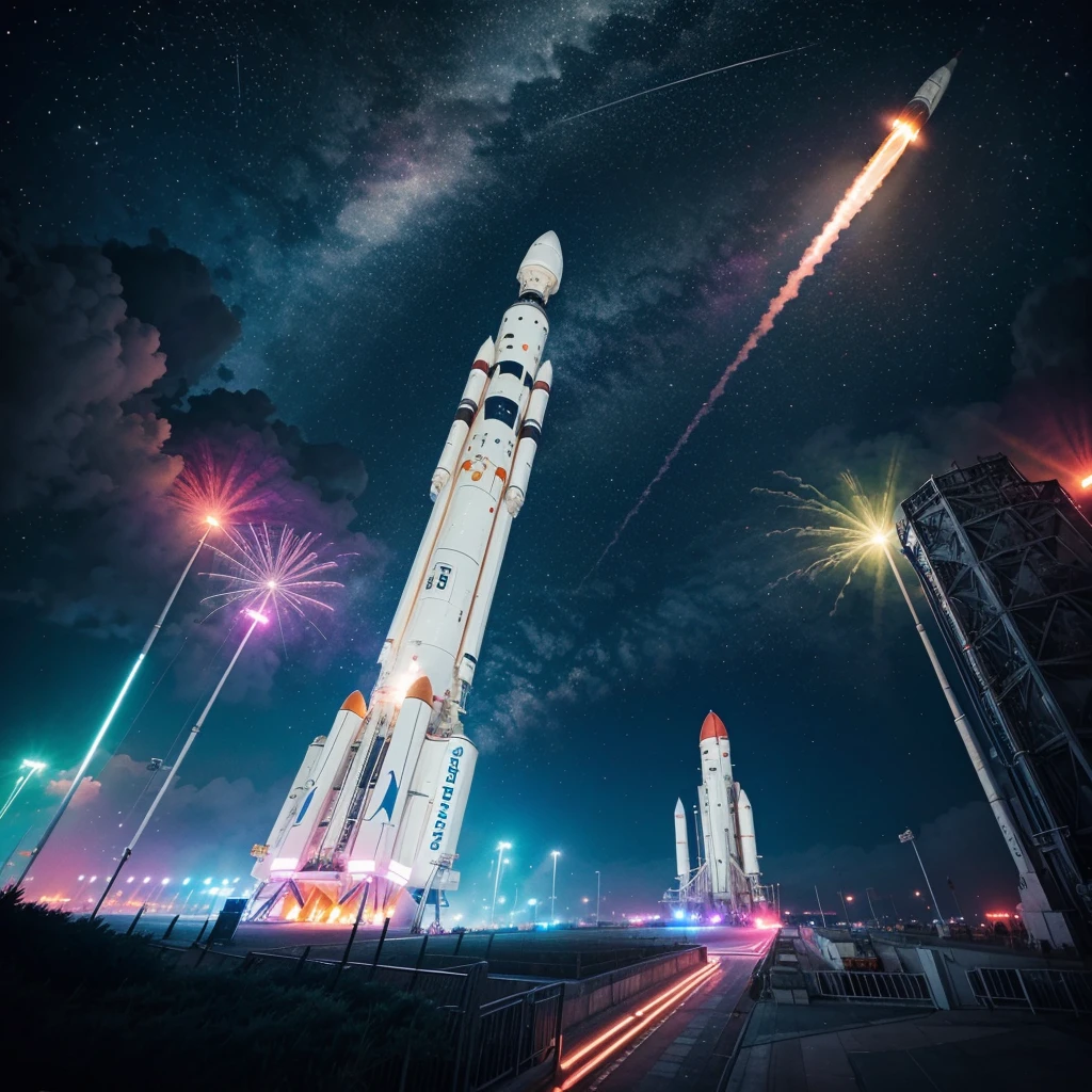abstract watercolor space rocket taking off, colorfull, neon lights, best quality, dynamic perspective, hype feeling