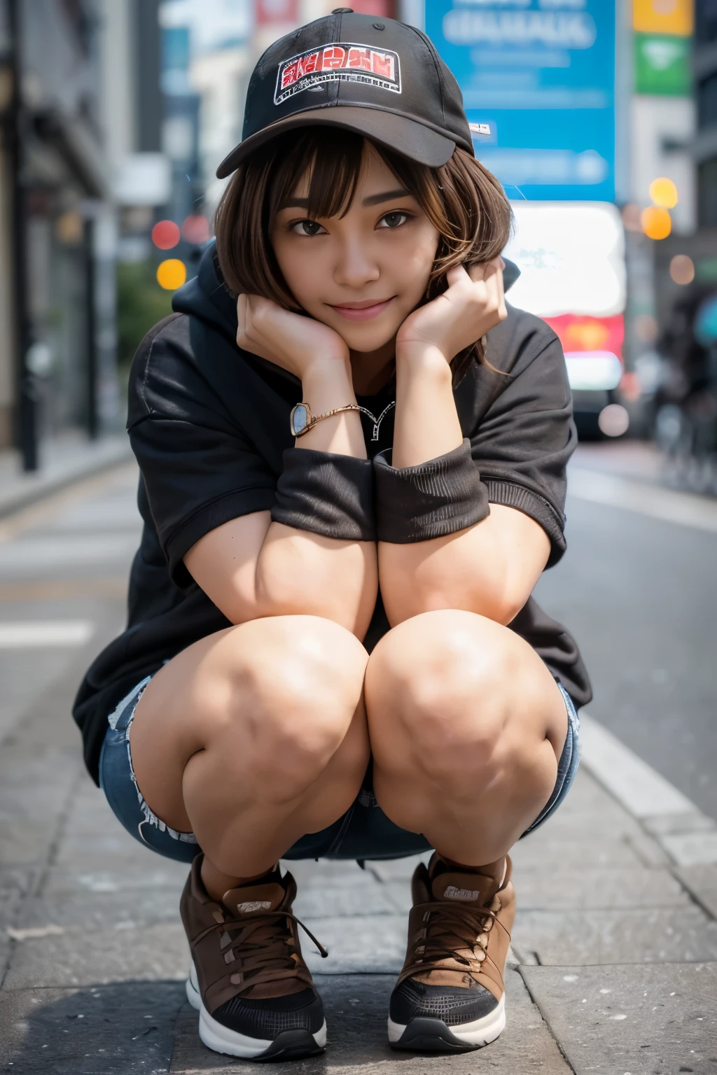 (best quality),(high resolution),(from front),(one teenager girl),(japanese),((Baseball cap)),(((large size black hoodie))),(denim Shorts))),(Sneakers),((squatting)),(hands in pocket),(((leaning forward))),(huge breasts),(((dark skin:1.3))),beautiful face,((seductive smile)),(((light brown bob hair :1.5))),(hair between eyes),((black eyes)),(out door),(shibuya city)
