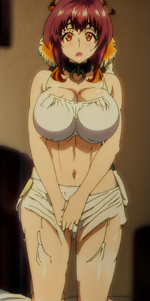 masterpiece, Best quality, Squatting, Legs wide spread, Open legs, Watch Viewer, Red hair, Long straight hair, bedroom, bed, sexy, navel, purple suit, white shirt, black skirt, skirt pulling up, panty shot, white panties exposed, huge breasts, bra, bra exposed, wide open cleavage, blushing, surprised expression, sweating on skin
