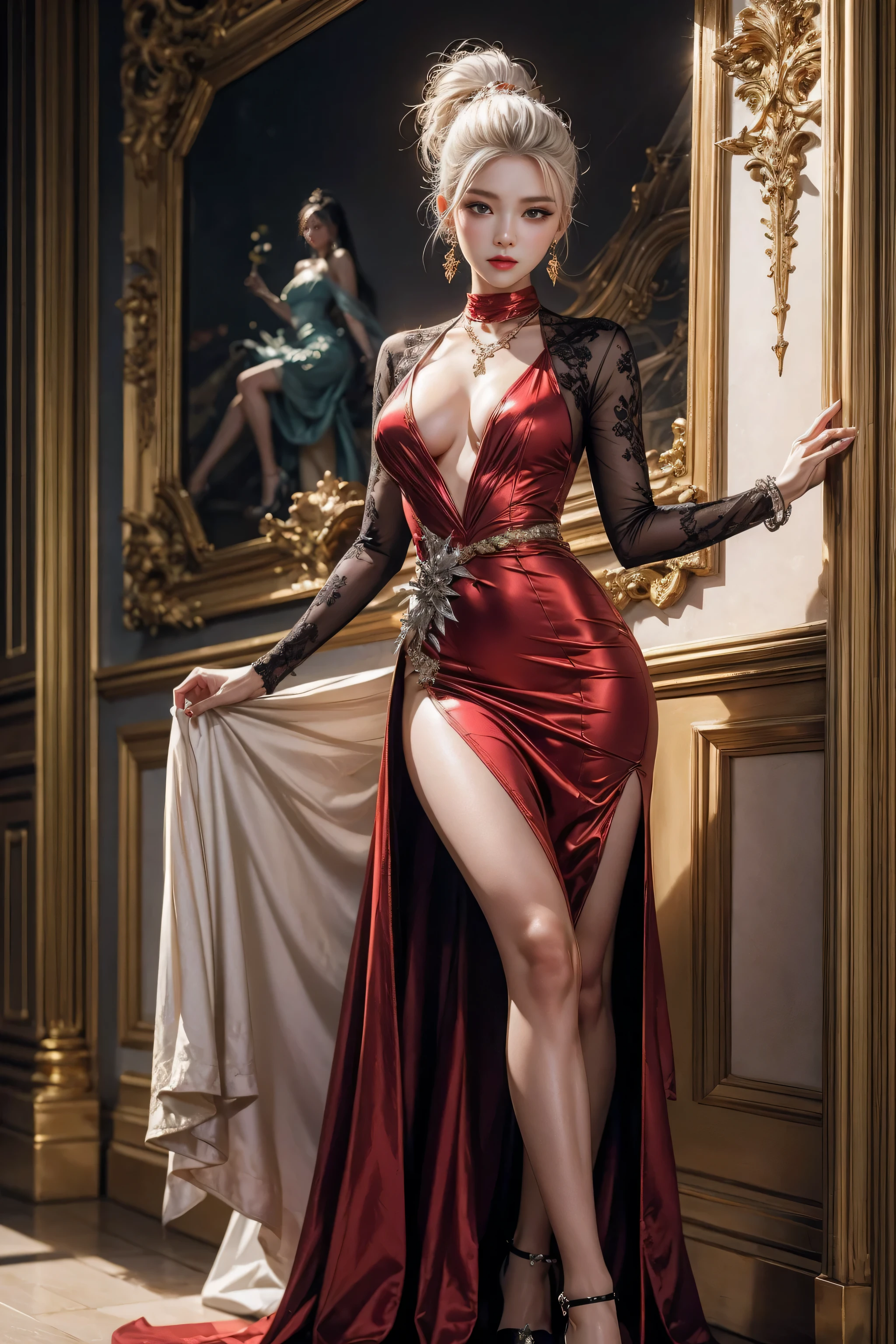 HD photos,lifelike,Ultra high resolution large files,8k high quality wallpaper,10x pixels,CG wallpaper,细节Clearlifelike,female portrait,Super fine,Super fine details:1.1,Advanced technical details:1.1,动态姿势美丽Sexy女人,一个Sexy,Royal sister style,Mixed-race females,Long white and silver hair,他有一头Long white and silver hair,Clearlifelike的头发,Clear的发丝,Delicate eyelash makeup,Be careful with your eyes and face,beautiful fine eyes,Thin eyebrows,Super fine致养眼性感大红唇,mature face,Exquisite face makeup,detailed facial work,, pretty face, Perfect face proportions,(Advanced facial details:1.1)perfect body shape,perfect body proportions,rough numbers,mannequin,一系列shining液体金色奢华礼服,Light gold sequin dress,sequined jacket,shining,tight long skirt,Summer sexy hip-hugging fishtail sleeveless commuter maxi skirt,Horse socks 100%Oil Pastel Tray Glossy Silk Surface 8D Black Silk Women's,High heel,Beautiful long dress,Wonderful DRESRIGHT light golden red series,High fashion clothing series,dress photography,Authentic clothing items,Slim,Sexy,jewelry,necklace,ear nipple ring,bracelet,indoor background,In the banquet hall,Women's artwork,Full body video dressed,Reality感,amazing (Egiosar:1)(Korean Idol face)Adult photography,Light gold series,Bright red satin dress,Reality摄影,Reality、Clear,fashion art,dress goddess,Women's artwork,full body view,fantasy art,First class boutique,High level of detail engineering