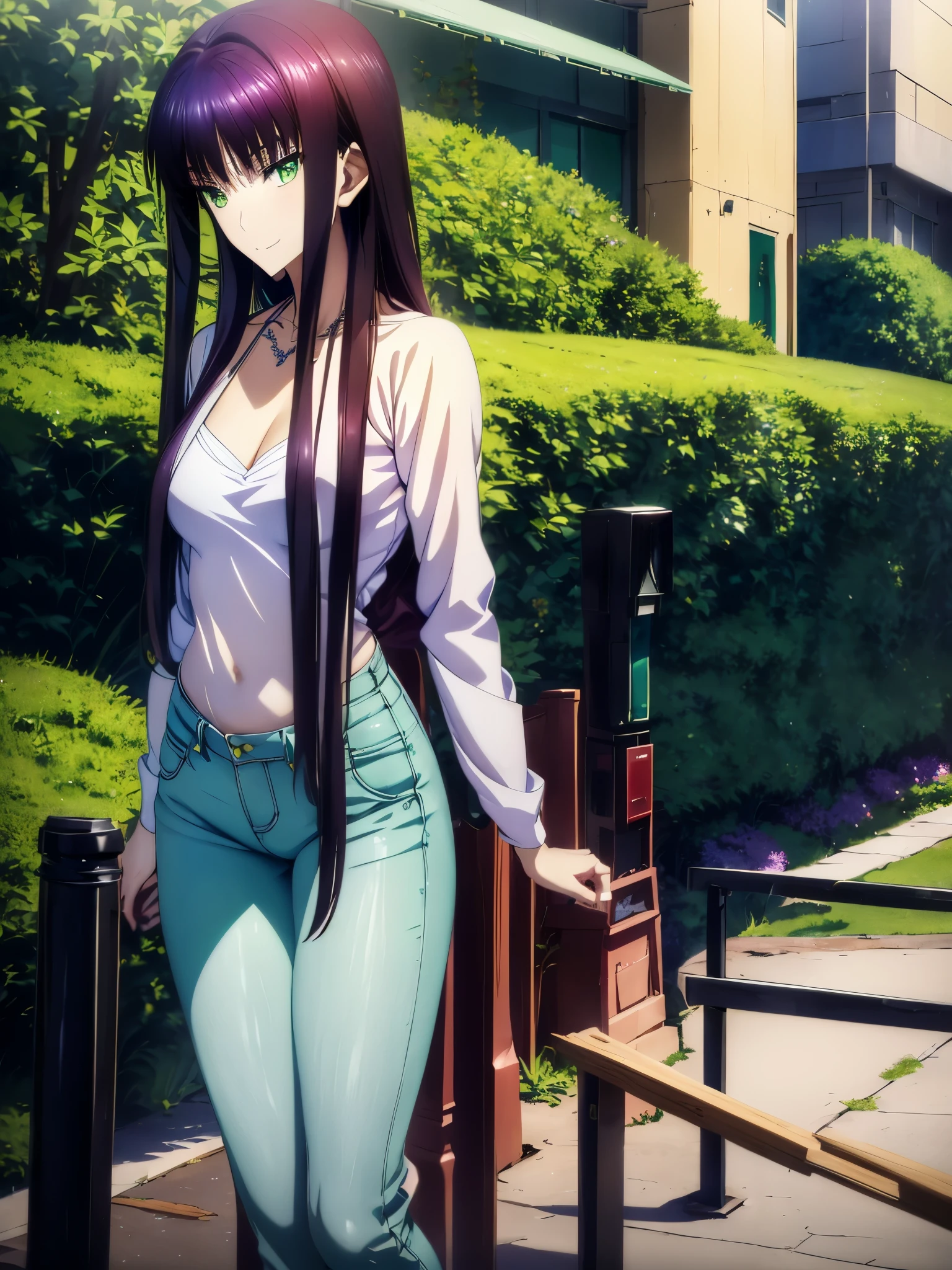 HDR, Super detailedなイラスト, highly detailed face, RAW photo, film grain, Are standing,connect UHD and 8K, 長い赤紫髪と緑の目をしたanime girl,anime moe art style, 若いanime girlの接写, Smooth anime CG art,beautiful anime high school girl, anime moe art style, surreal high school girl, Seductive anime girl, anime girl, 魅力的なanime girl, surreal high school girl, anime girl,8K UHD, High resolution,Very detailed CG, high quality shadows, Detail beautiful delicate face, ディテール美しいdelicate eyes,BREAK is(Highly detailed 8K wallpaper),(Highly detailed CG 8K wallpaper),Makima-san (chainsaw man),Scathach (fate/grand order),Reika Shimohira ,high resolution,Very delicate and beautiful CG illustration,highest quality,realistic skin feel,realistic fabric,realistic texture,(((muste piece))), (((best quality))),8K,At 32K,masterpiece,beautiful attractive anime woman,Super fine,Super detailed,High resolution,surreal high school girl,master piece, best quality, high quality, High freshness, high quality texture, high quality shadow, high detail,fine details,1 girl,high school student,solo,Soio,Only one person,Alone,There is only one person,That kind of thing,Adult-like atmosphere,beautiful long legs,beautiful breasts,beautiful thighs,toned legs,Beautiful leg lines,thin waist,mature body girl,reddish purple hair,reddish purple hair,purple hair,cassis colored hair,silky smooth hair,colorful hair,straight hair,shy smile,A happy smiling face,lively look,cute smile,cool beauty,Beautiful woman,handsome face, beautiful realism,temptation expression,bewitching face,calm expression,beautiful hair,smile,colorful eyes,green eyes,jade eyes,beautiful eyes,bright eyes,delicate eyes,jewel-like eyes,jade eyes,bulging eyes,(green eyes:1.5),captivating face,8 head body,height:171cm,彼女は首にnecklace身に着けています,necklace,beaded necklace,magatama accessories,smile,colorful eyes,green eyes,jade eyes,beautiful eyes,bright eyes,delicate eyes,jewel-like eyes,jade eyes,bulging eyes,(green eyes:1.5),captivating face,model photos,, Tachi-e, high detail, modern art, romanticism, Realism, hyper realism, cinematic lighting, ray trace, Fuji color, bust shot, 8K, super detail, curate, best quality, 16 km race,outdoor,bustling street,black turtleneck,blue pants,jeans,blouson,private server,winter,stroll,walking,cowboy shot,orange color winter jackets,blue sky