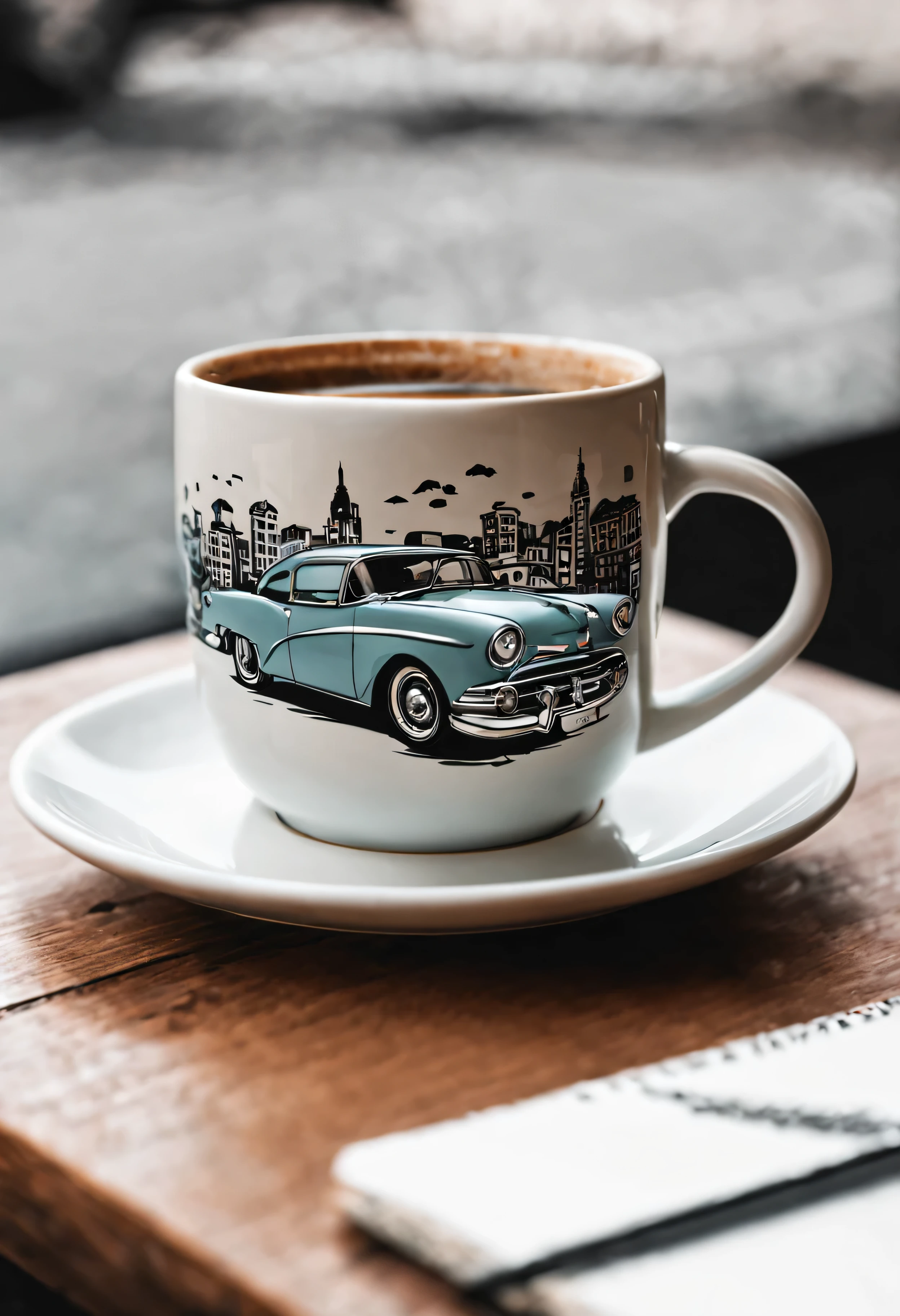 Tasse de café avec une voiture dessiné sur la surface du café, photo de style