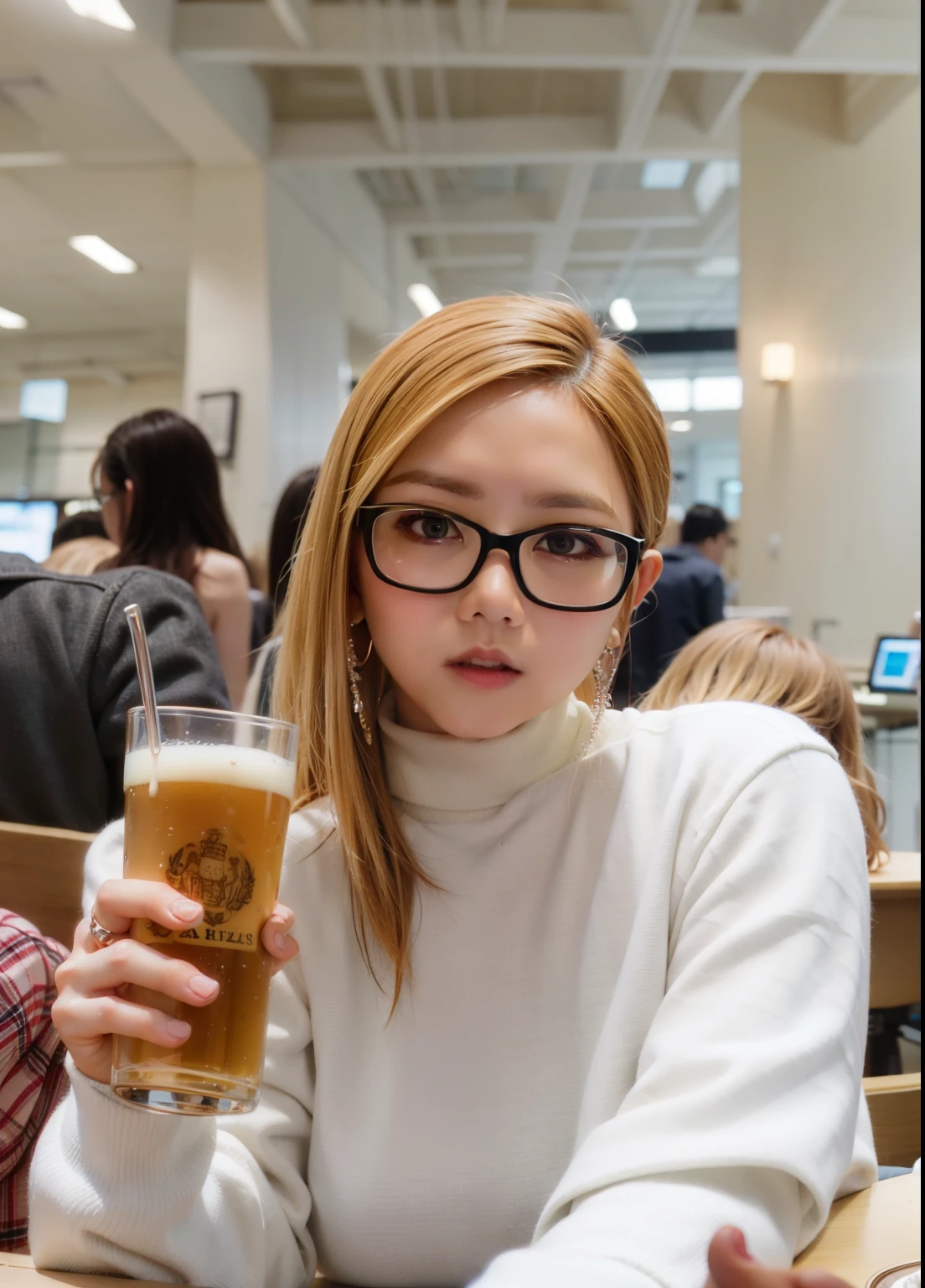 there is a woman sitting at a table with a glass of beer, with a drink, with glasses, shot on nikon z9, captured on canon eos r 6, shot on canon eos r 5, shot on canon eos r5, with accurate face, handsome girl, with apple, 8k selfie photograph, with square glasses, taken with sony alpha 9